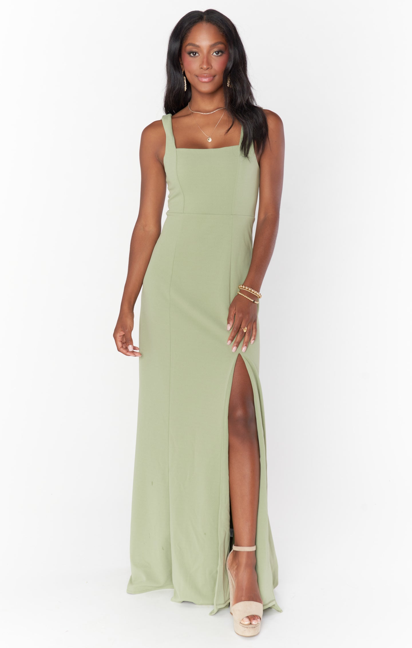 Moss Green Stretch Bridesmaid Gown with Detachable Sash