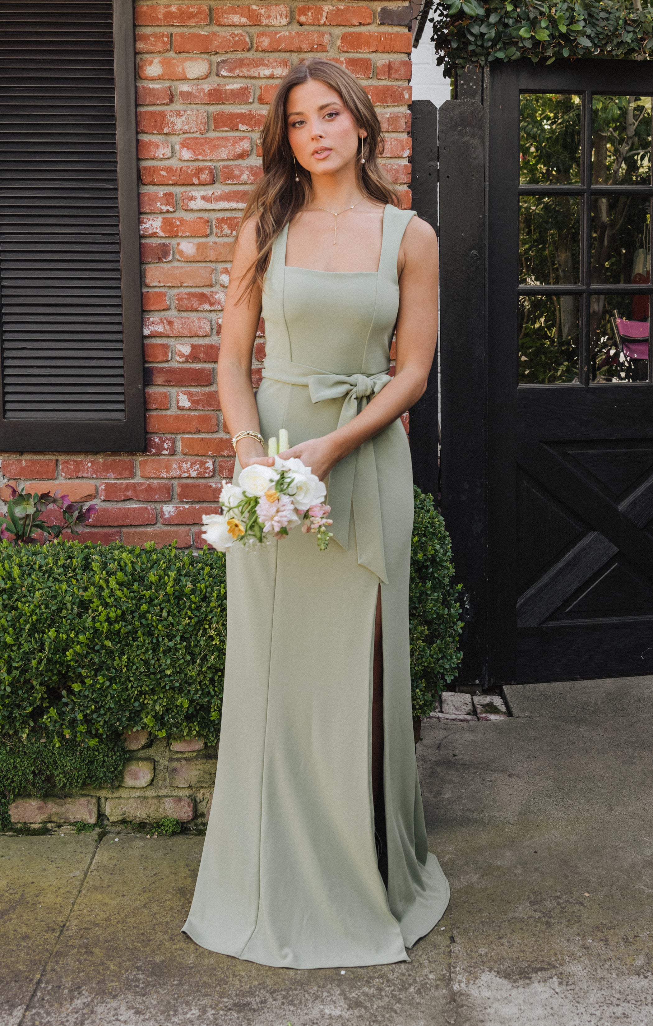 Moss Green Stretch Bridesmaid Gown with Detachable Sash