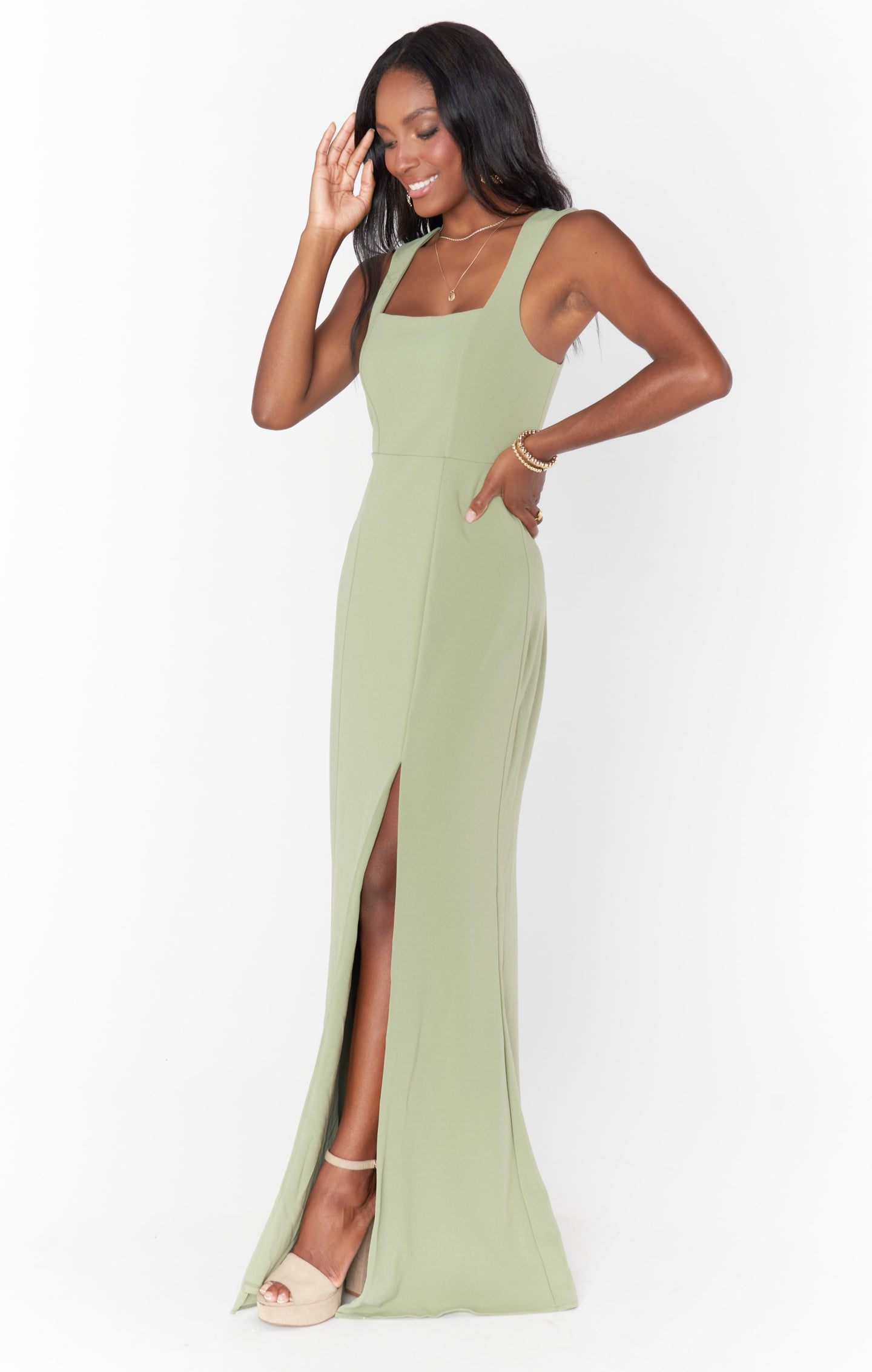 Moss Green Stretch Bridesmaid Gown with Detachable Sash
