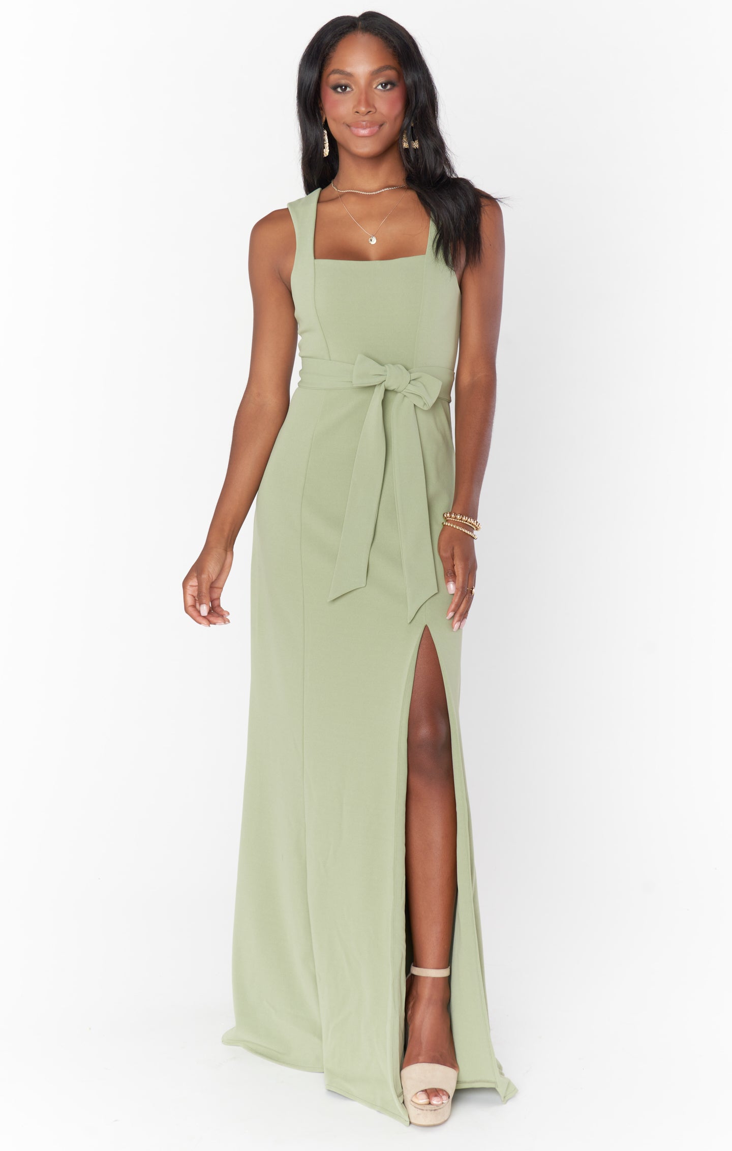Moss Green Stretch Bridesmaid Gown with Detachable Sash