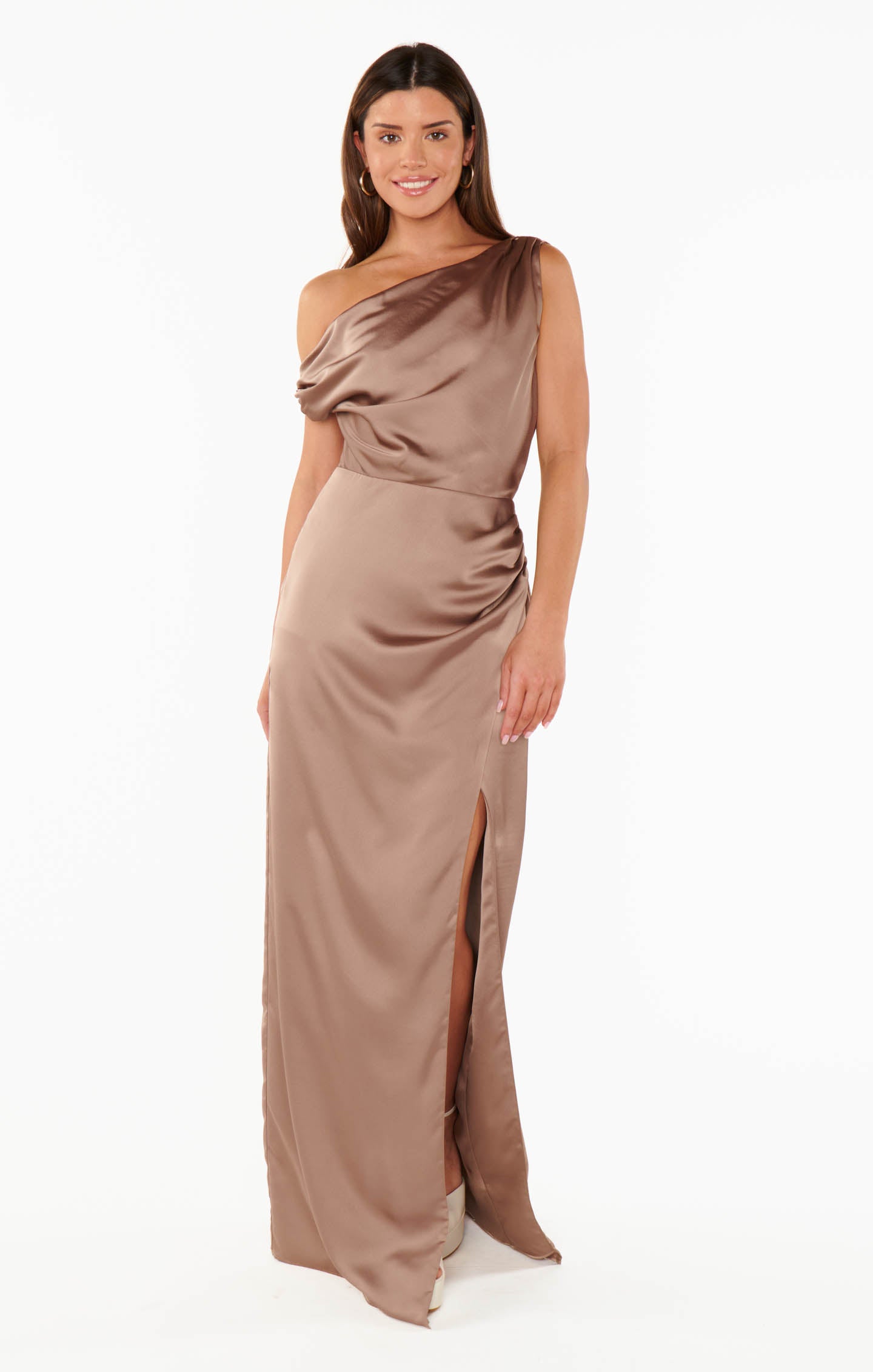 Jodie Satin Dress with Asymmetrical Neckline & Side Slit