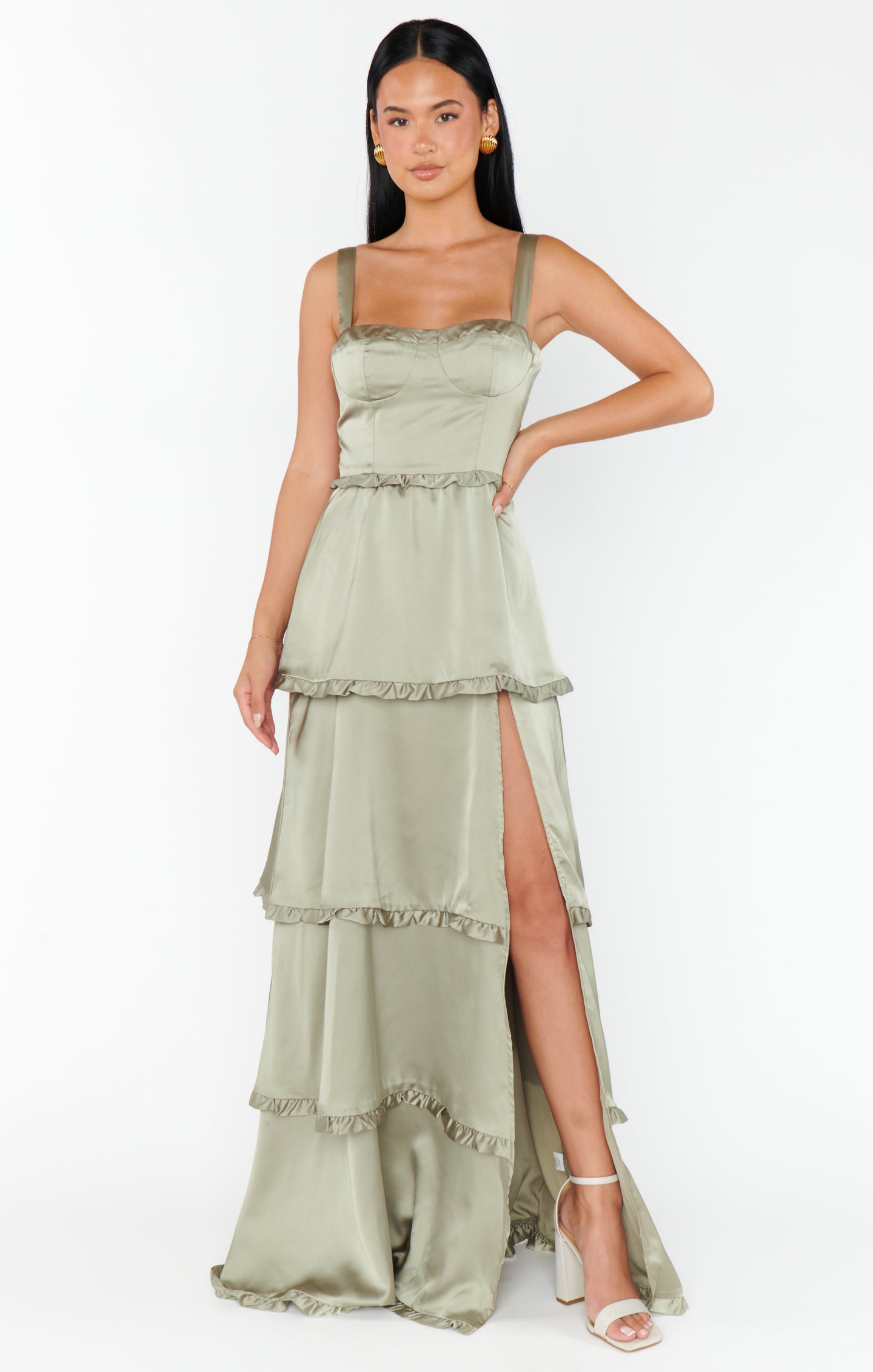 Moss Green Satin Corset Dress with Side Slit - Lady Luxe