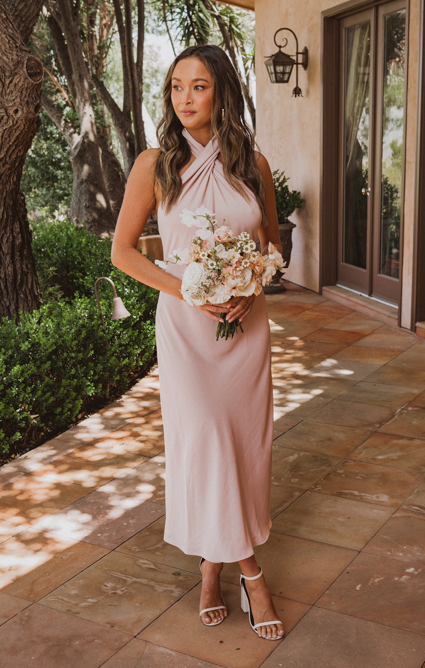 Jasmine Halter Midi Dress with Open Back - Dusty Blush