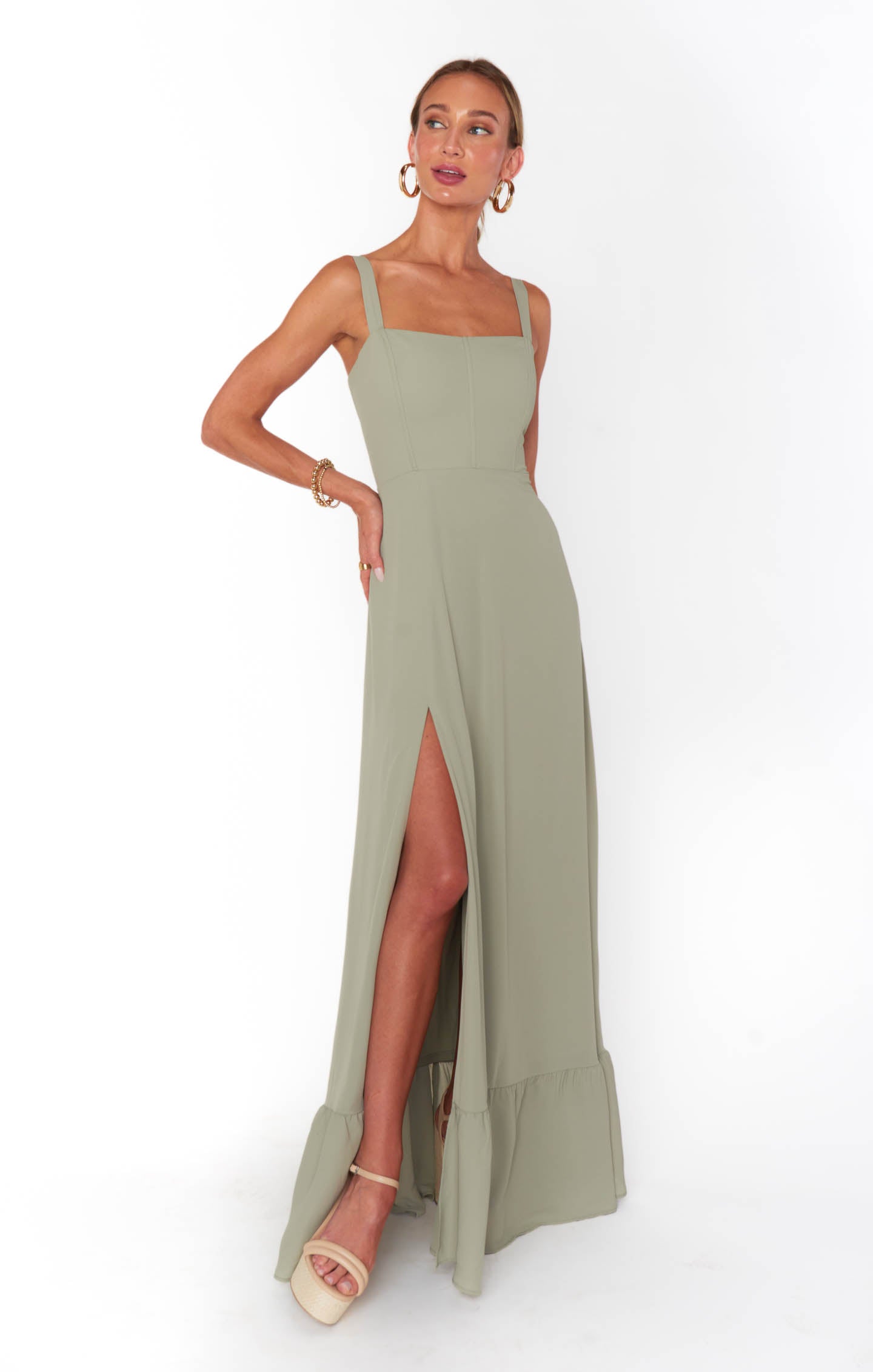 Clarissa Corset Maxi Dress in Moss Green with Side Slit