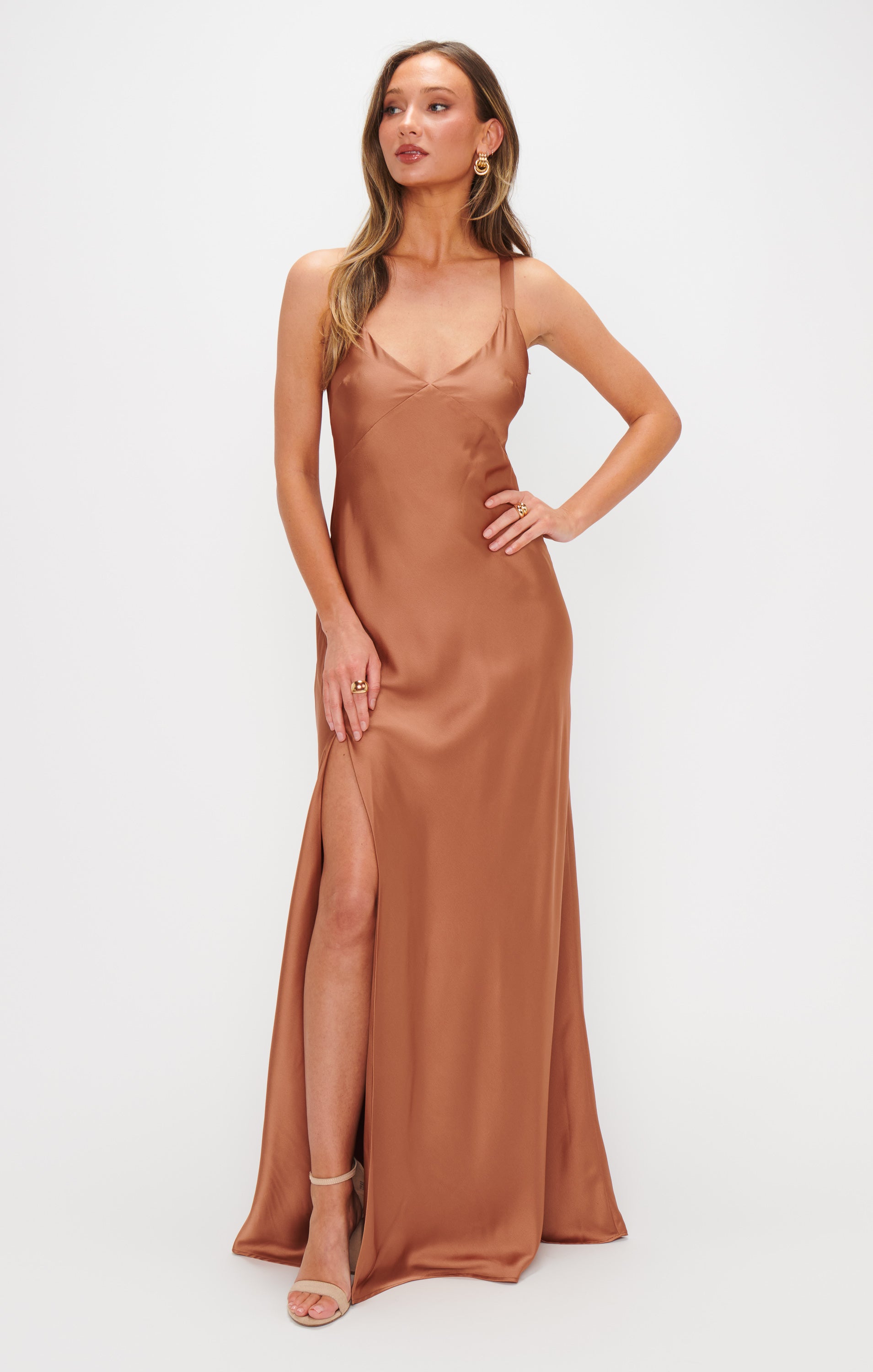 Anderson Copper Satin Maxi Dress with Open Back