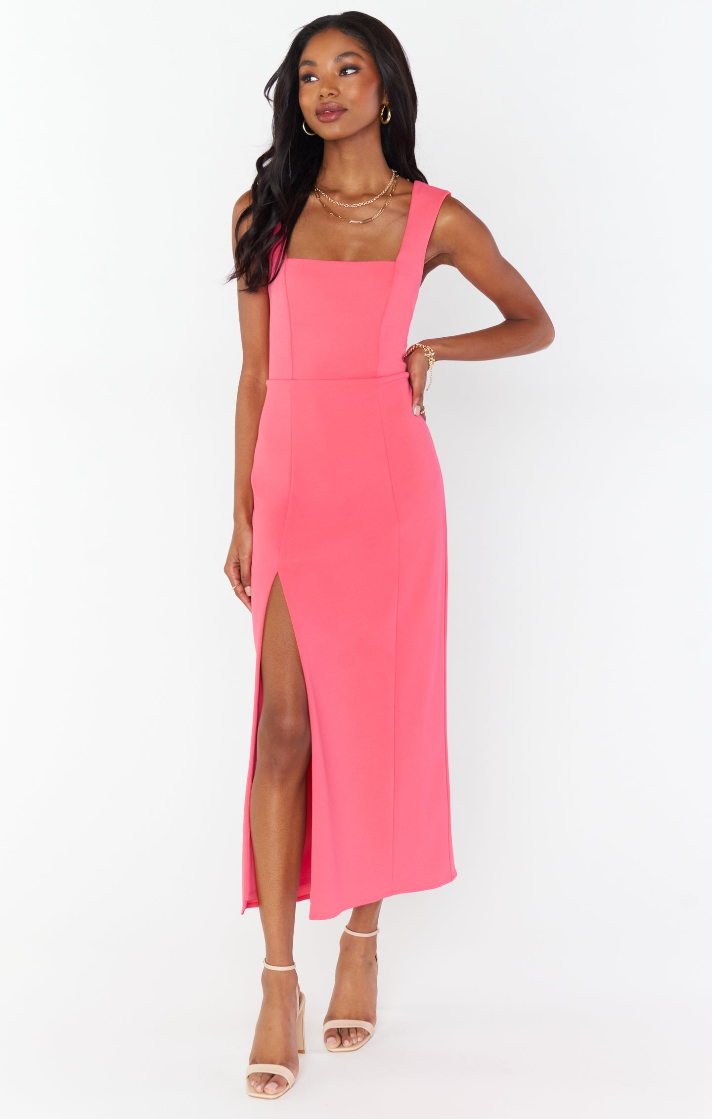 Flamingo Pink Stretch Midi Dress with Side Slit & Square Neck