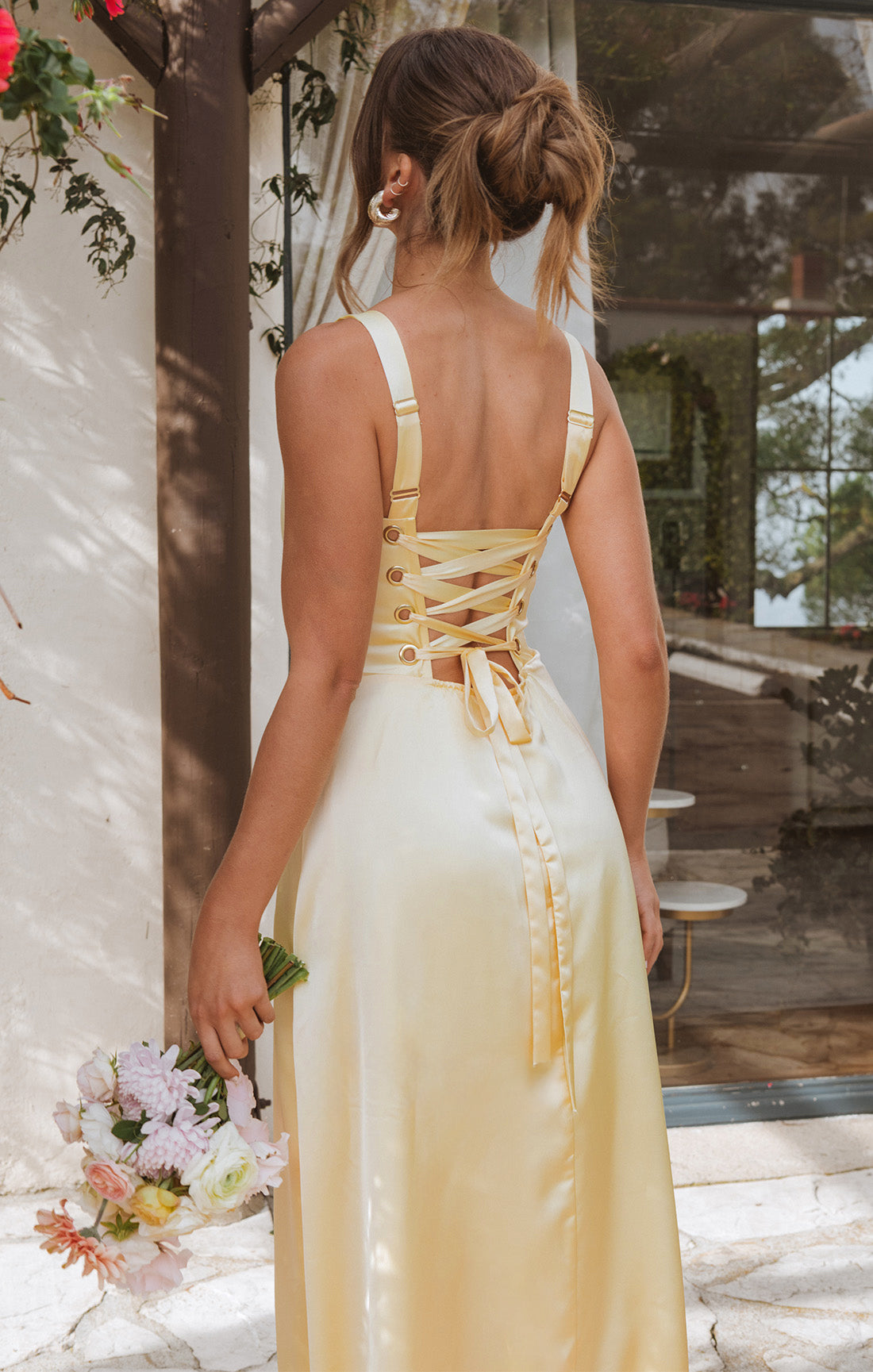 Clarissa Pale Yellow Satin Corset Maxi Dress with Side Slit