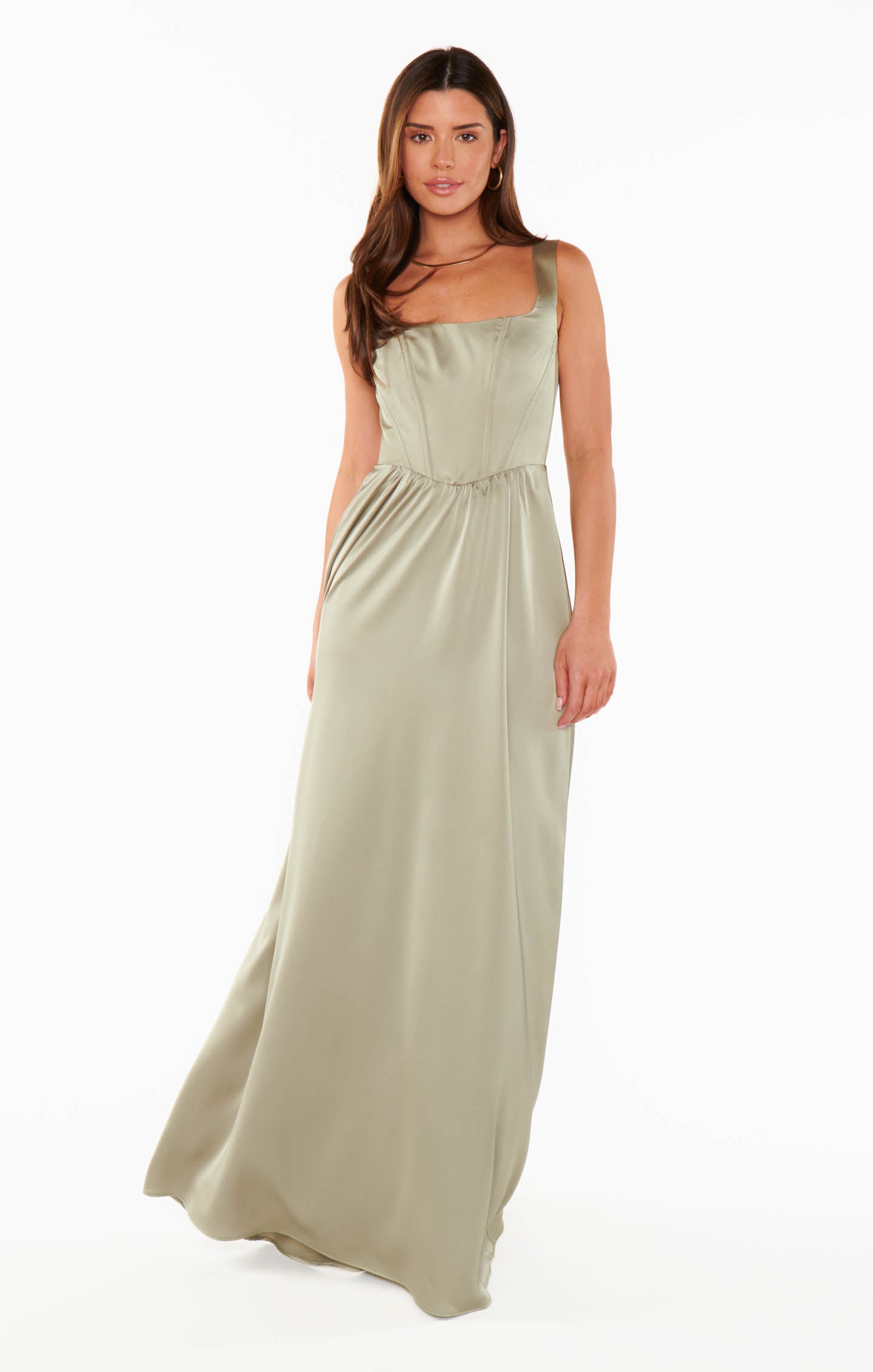 Nina Luxe Satin Maxi Dress with Corset Bodice - Moss Green