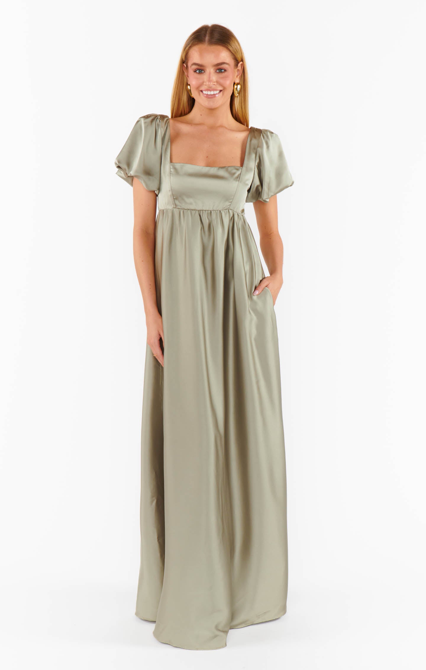 Nora Maxi Dress in Moss Green Satin with Smocked Back