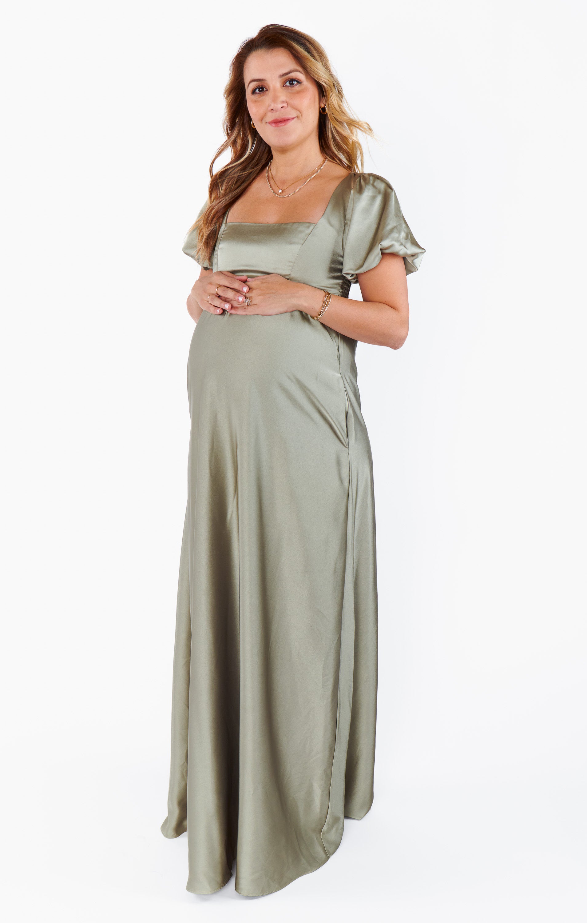 Nora Maxi Dress in Moss Green Satin with Smocked Back