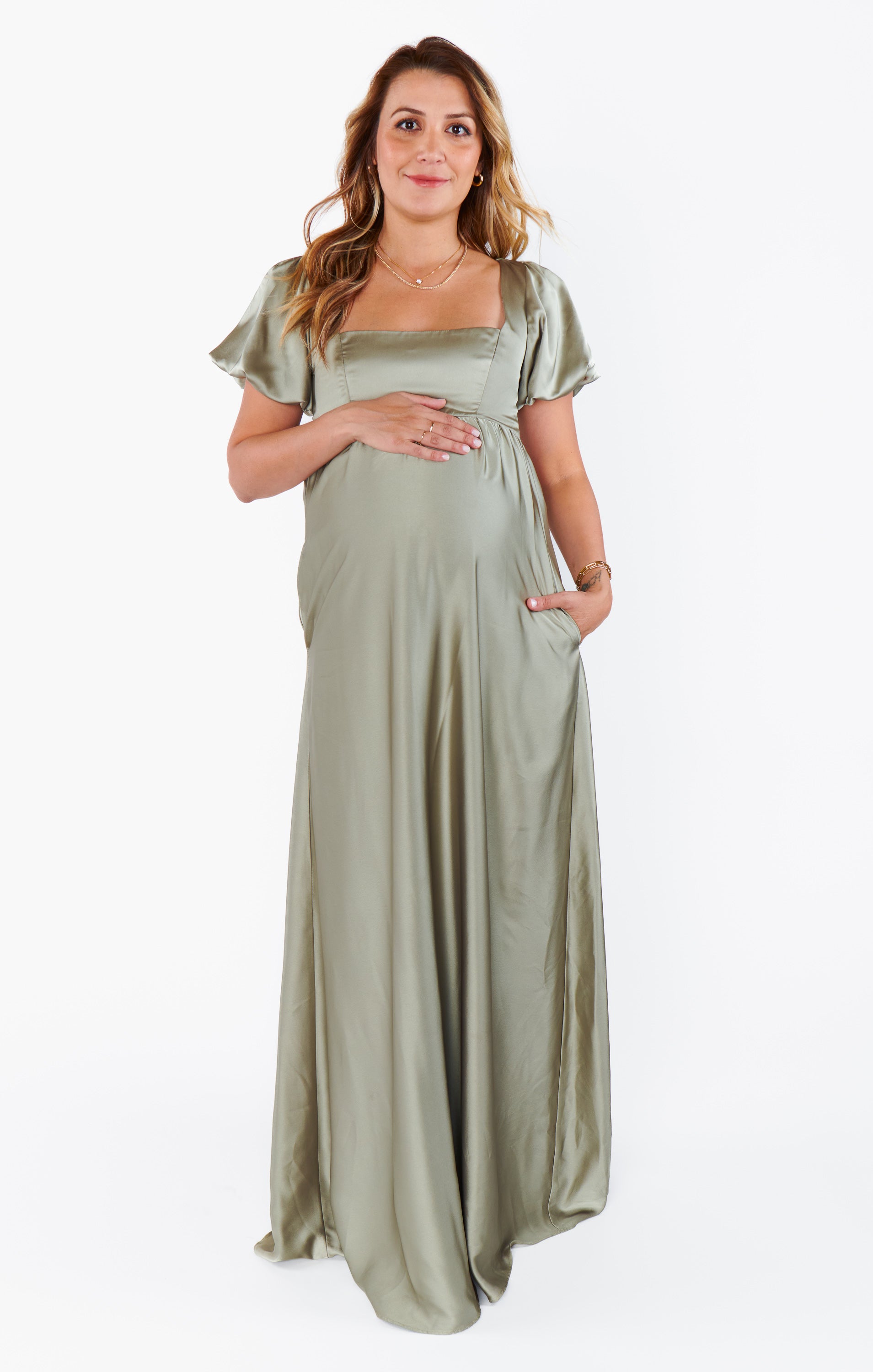 Nora Maxi Dress in Moss Green Satin with Smocked Back