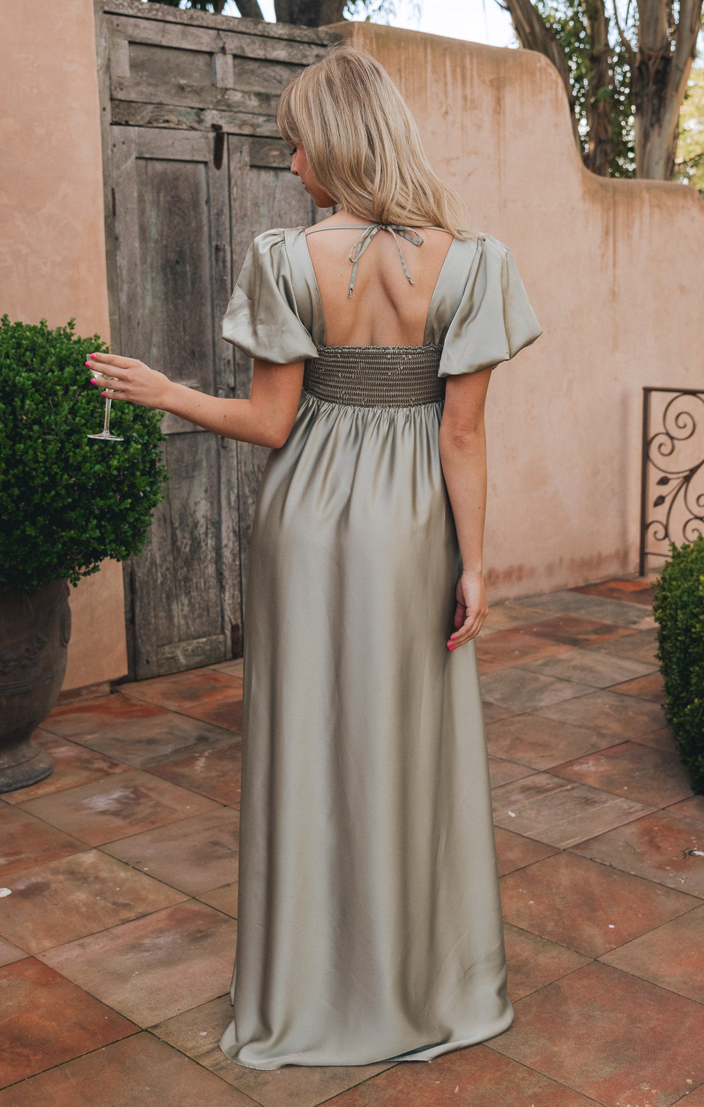 Nora Maxi Dress in Moss Green Satin with Smocked Back