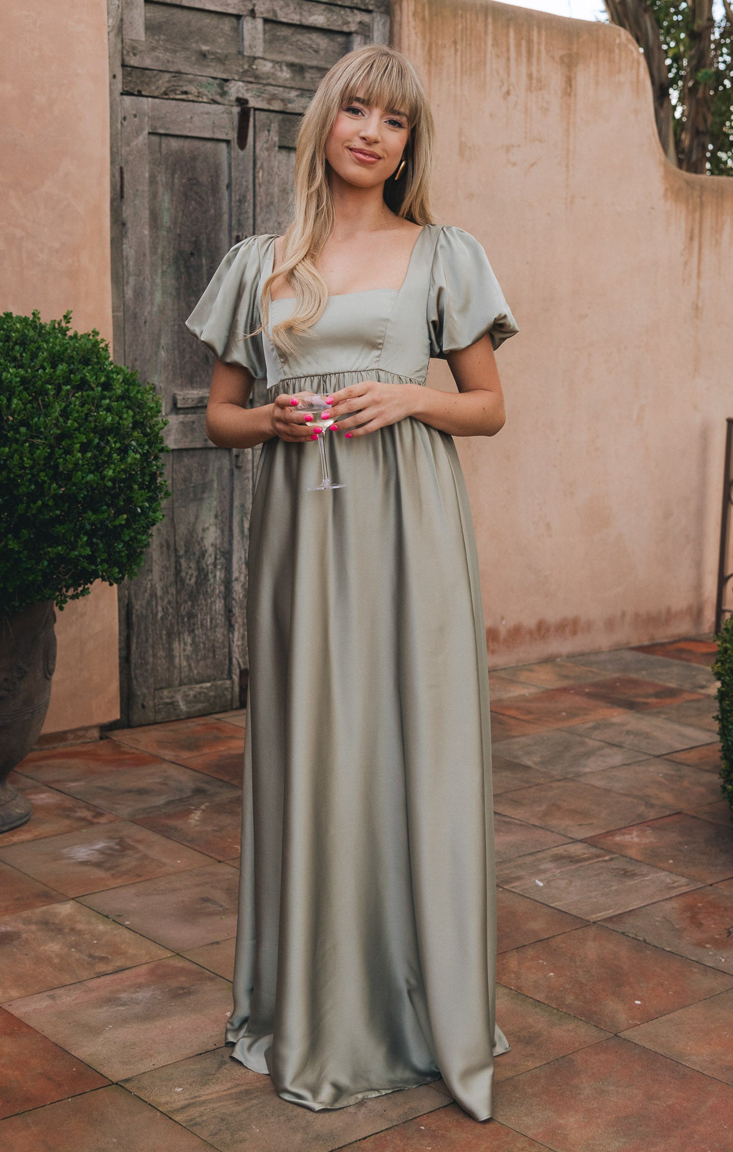 Nora Maxi Dress in Moss Green Satin with Smocked Back