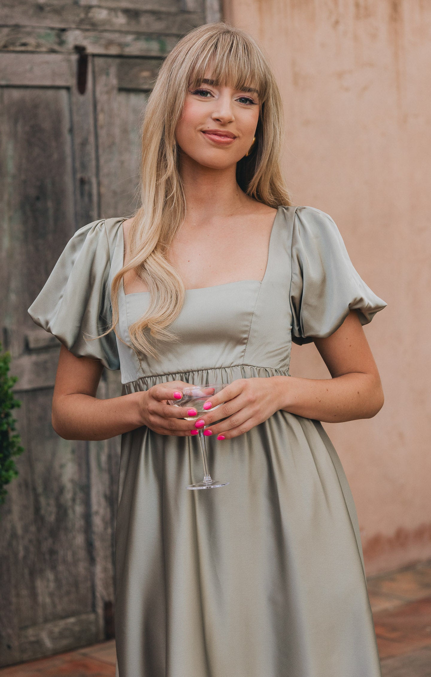 Nora Maxi Dress in Moss Green Satin with Smocked Back