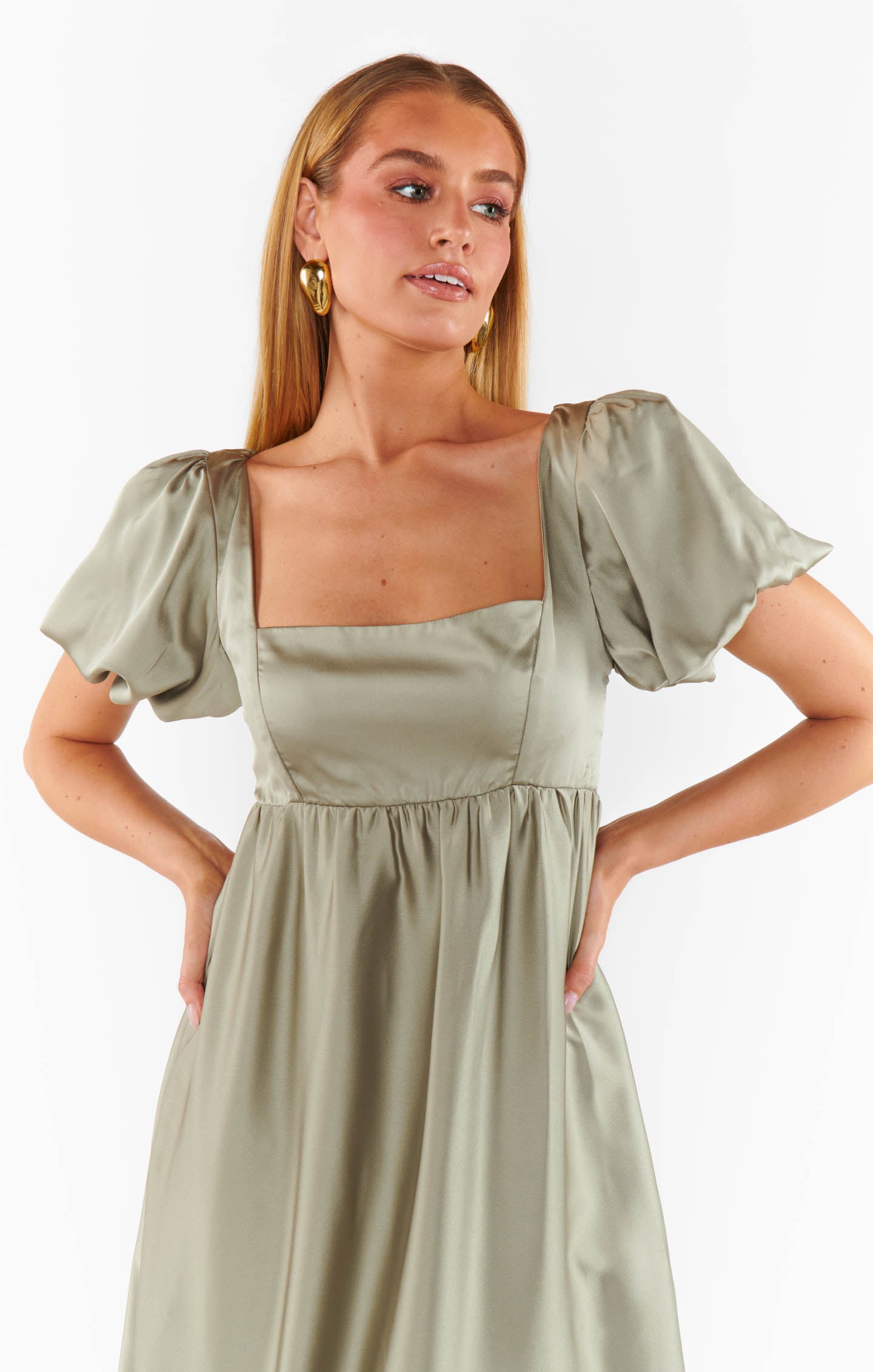Nora Maxi Dress in Moss Green Satin with Smocked Back