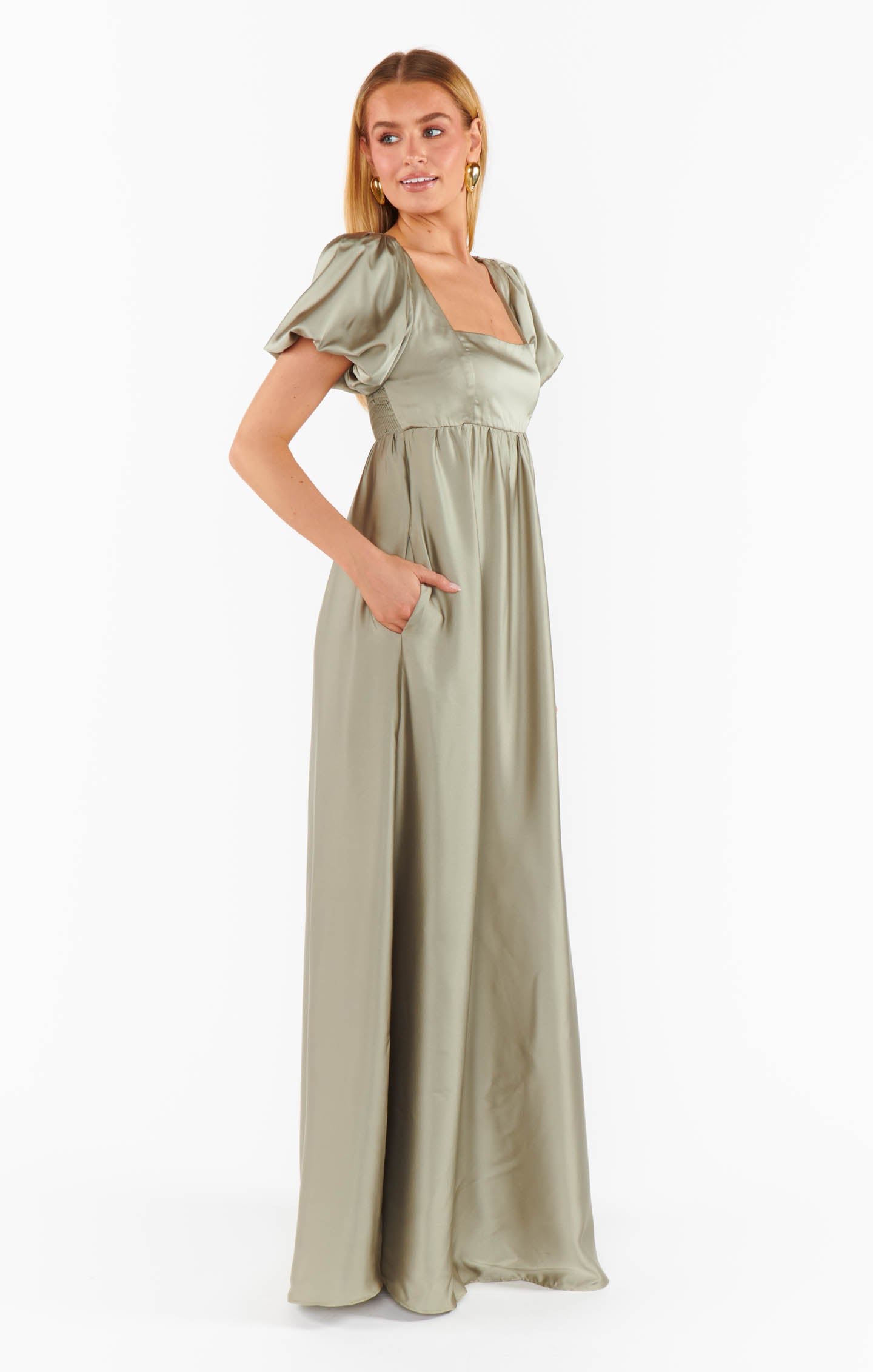 Nora Maxi Dress in Moss Green Satin with Smocked Back