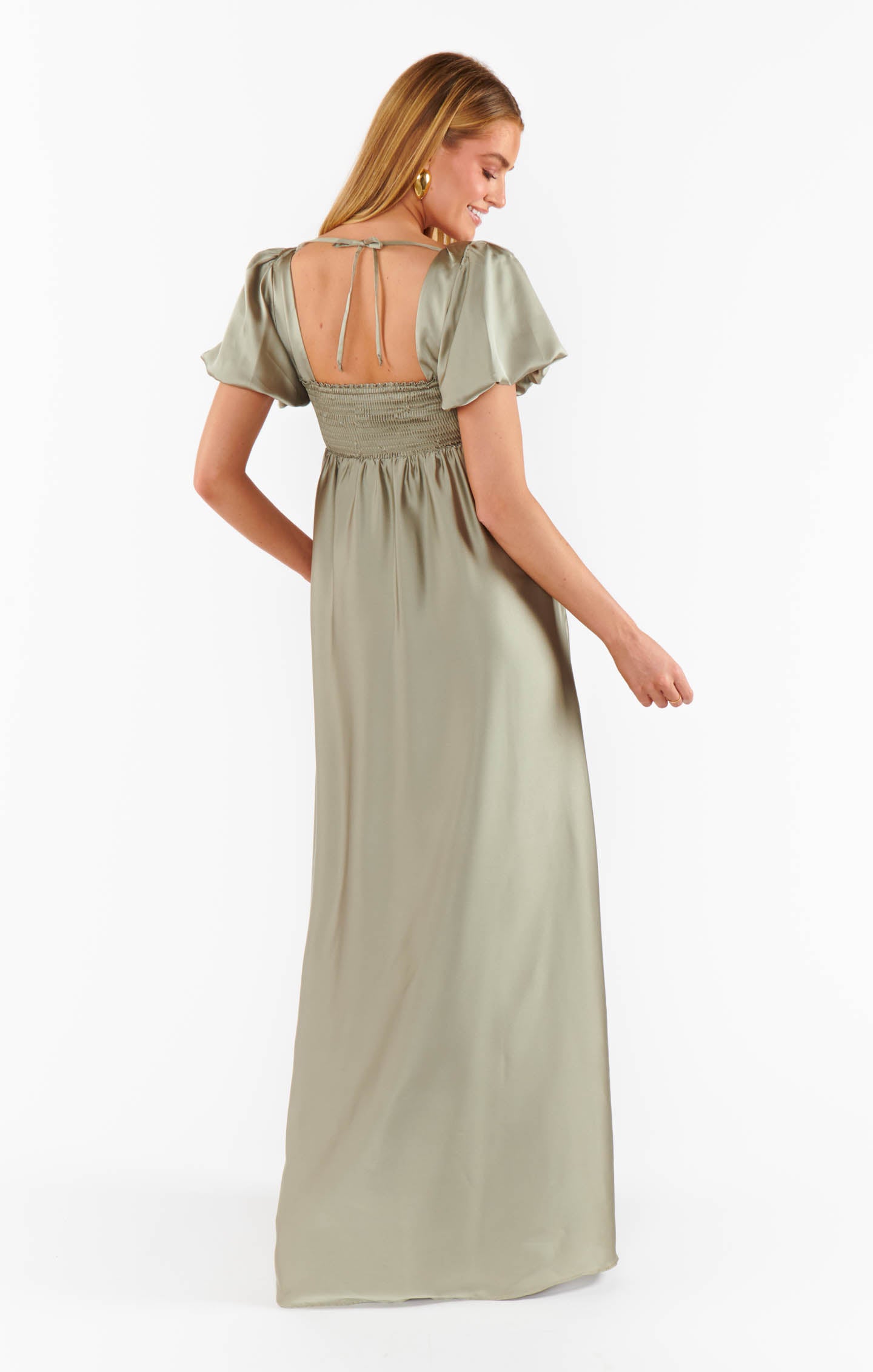 Nora Maxi Dress in Moss Green Satin with Smocked Back