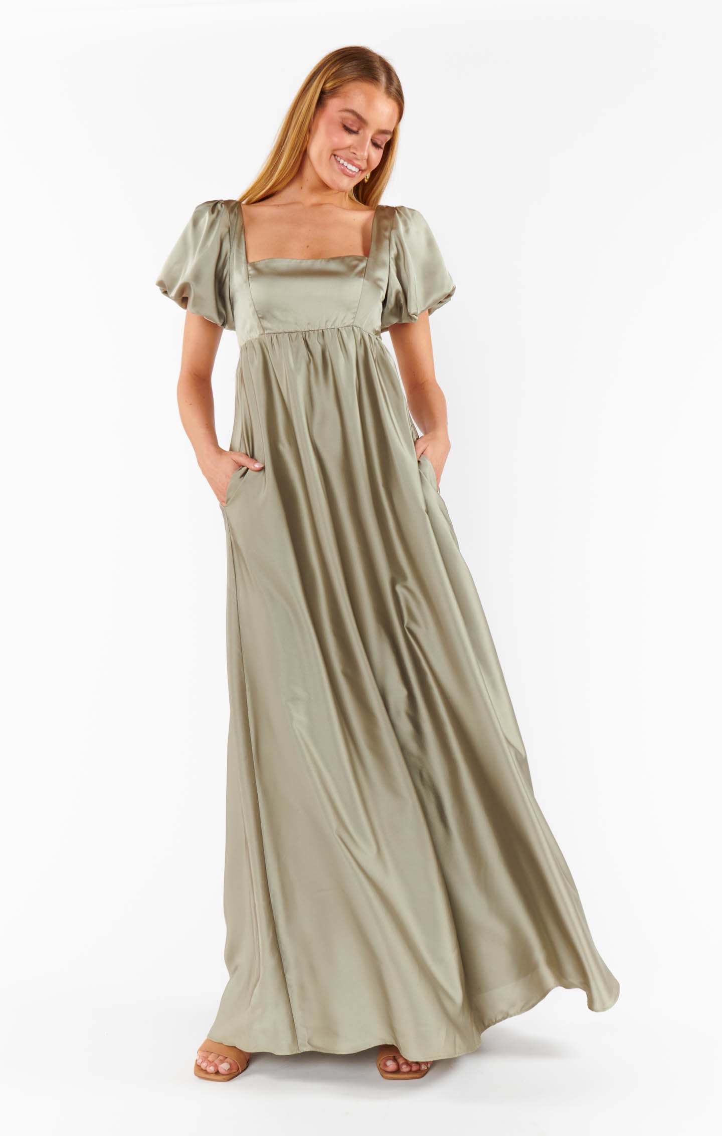 Nora Maxi Dress in Moss Green Satin with Smocked Back