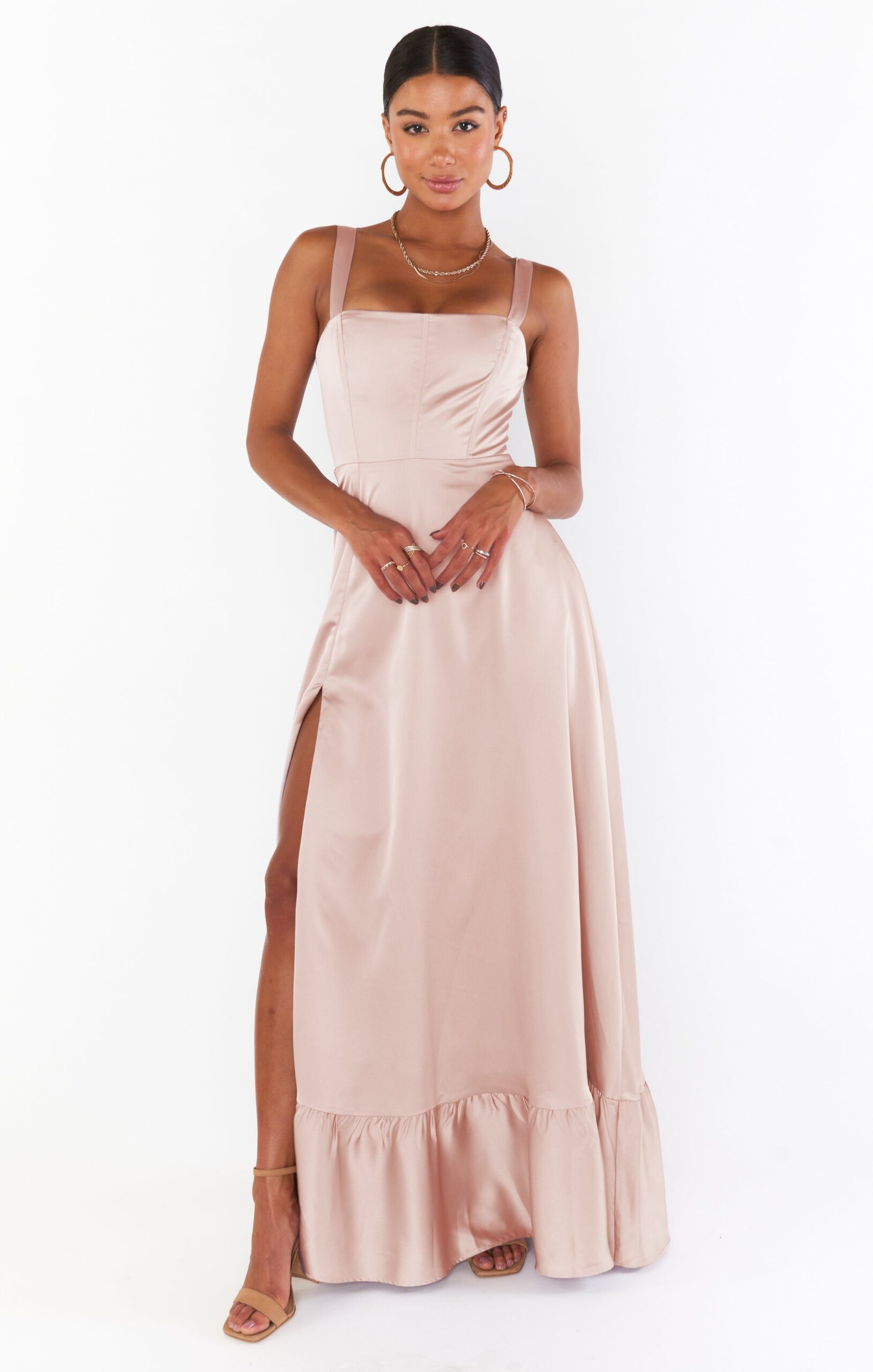 Clarissa Rose Gold Satin Corset Maxi Dress with Slit