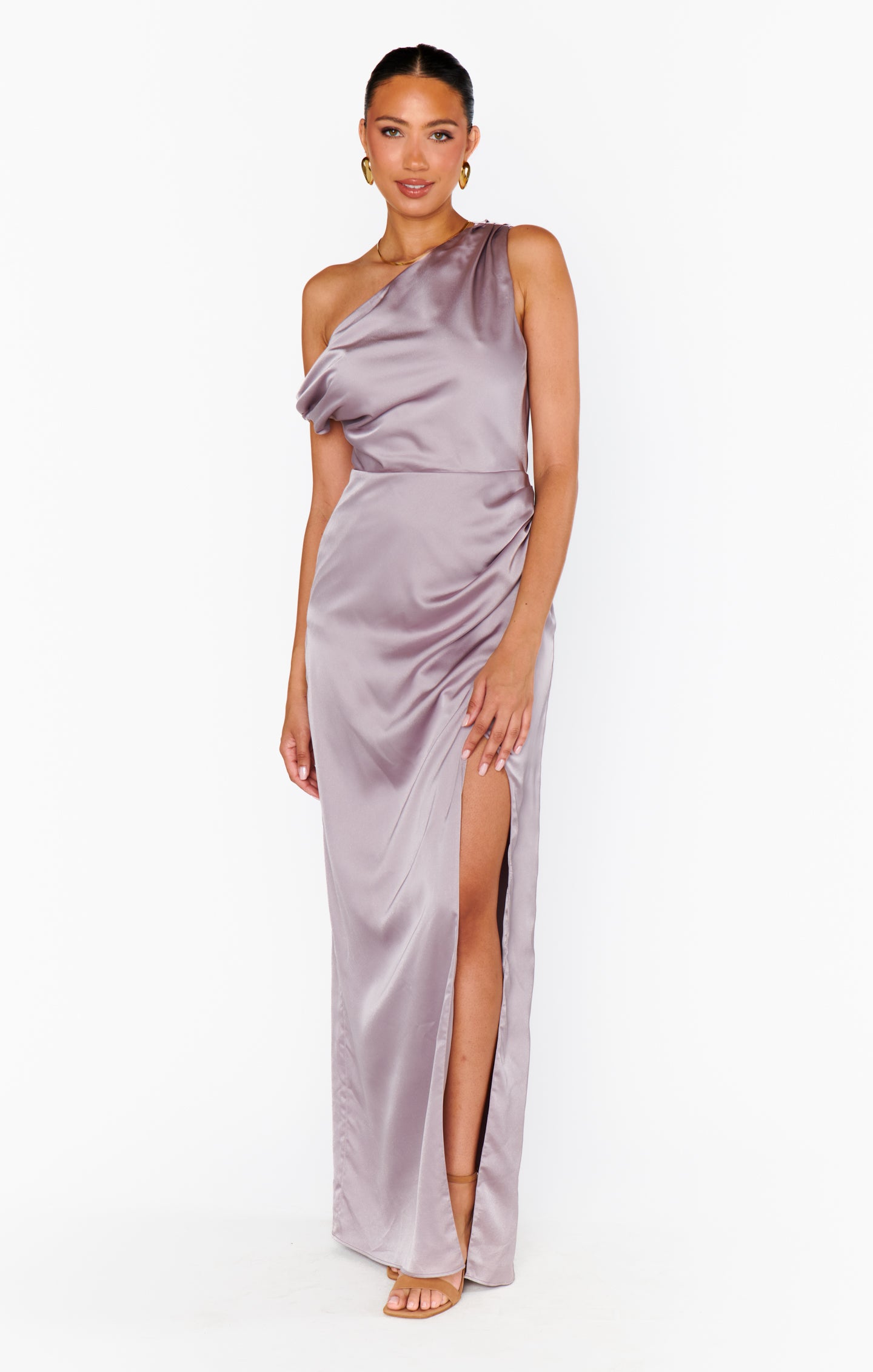 Jodie Satin Dress in Dusty Purple with Side Slit