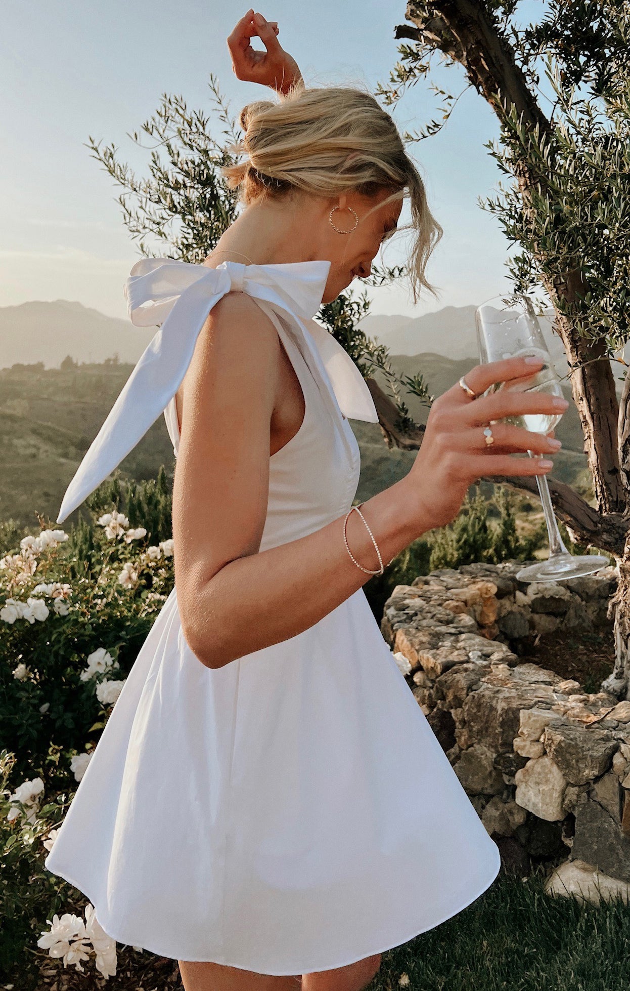 White Square Neck Mini Dress with Smocked Back & Detachable Sash