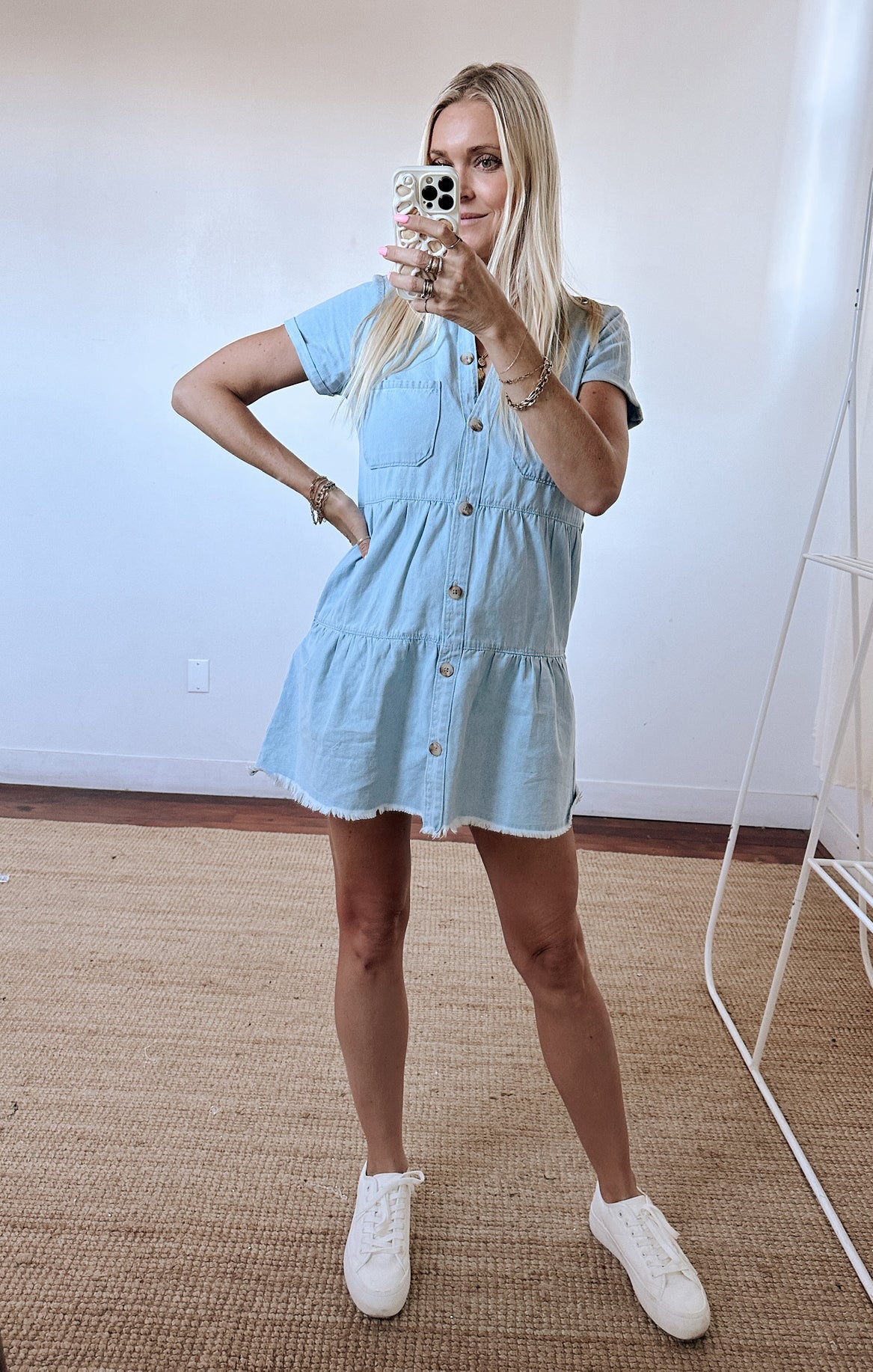 Birmingham Denim Mini Dress with Collar & Pockets - Clear Skies