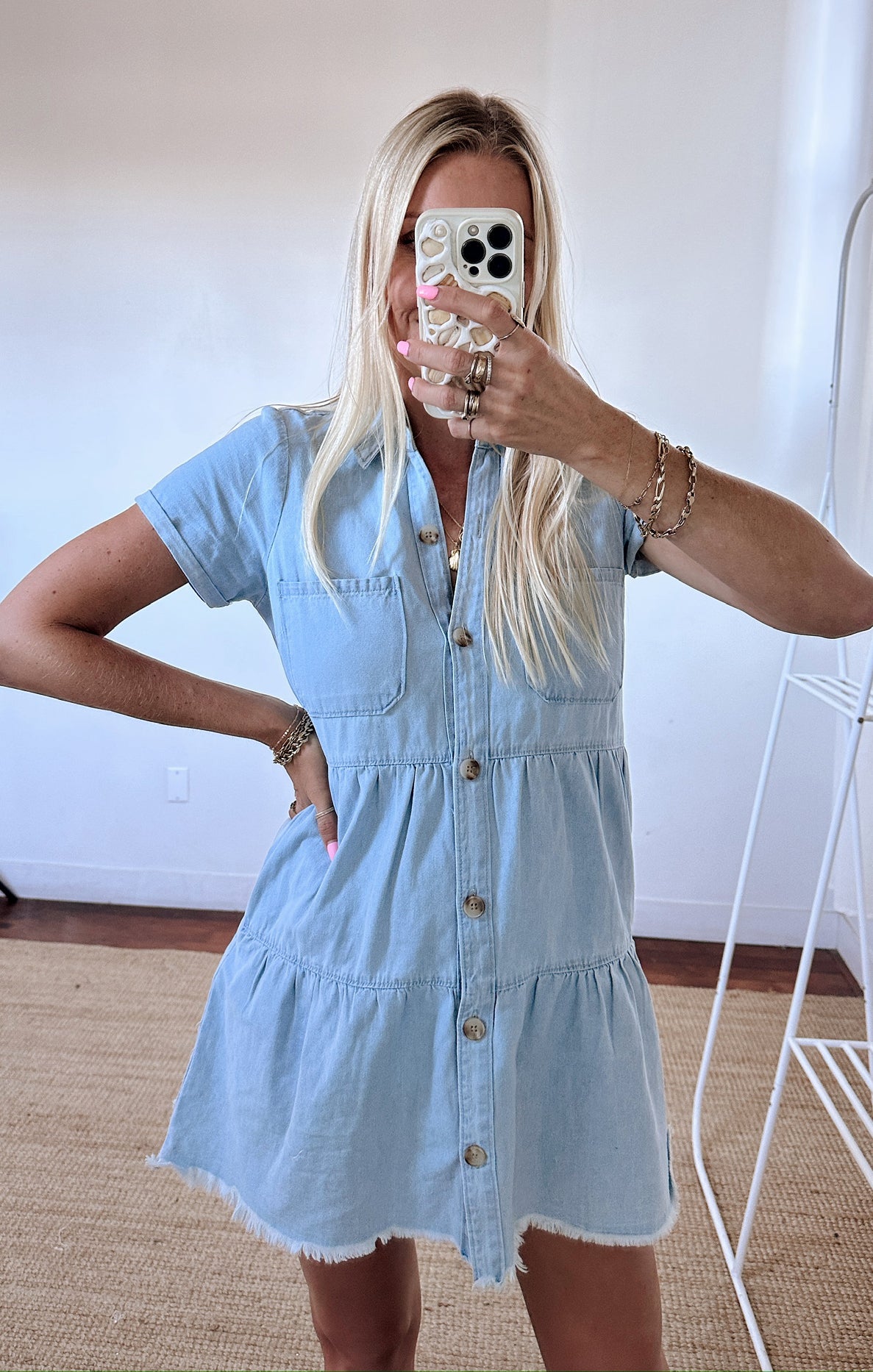 Birmingham Denim Mini Dress with Collar & Pockets - Clear Skies