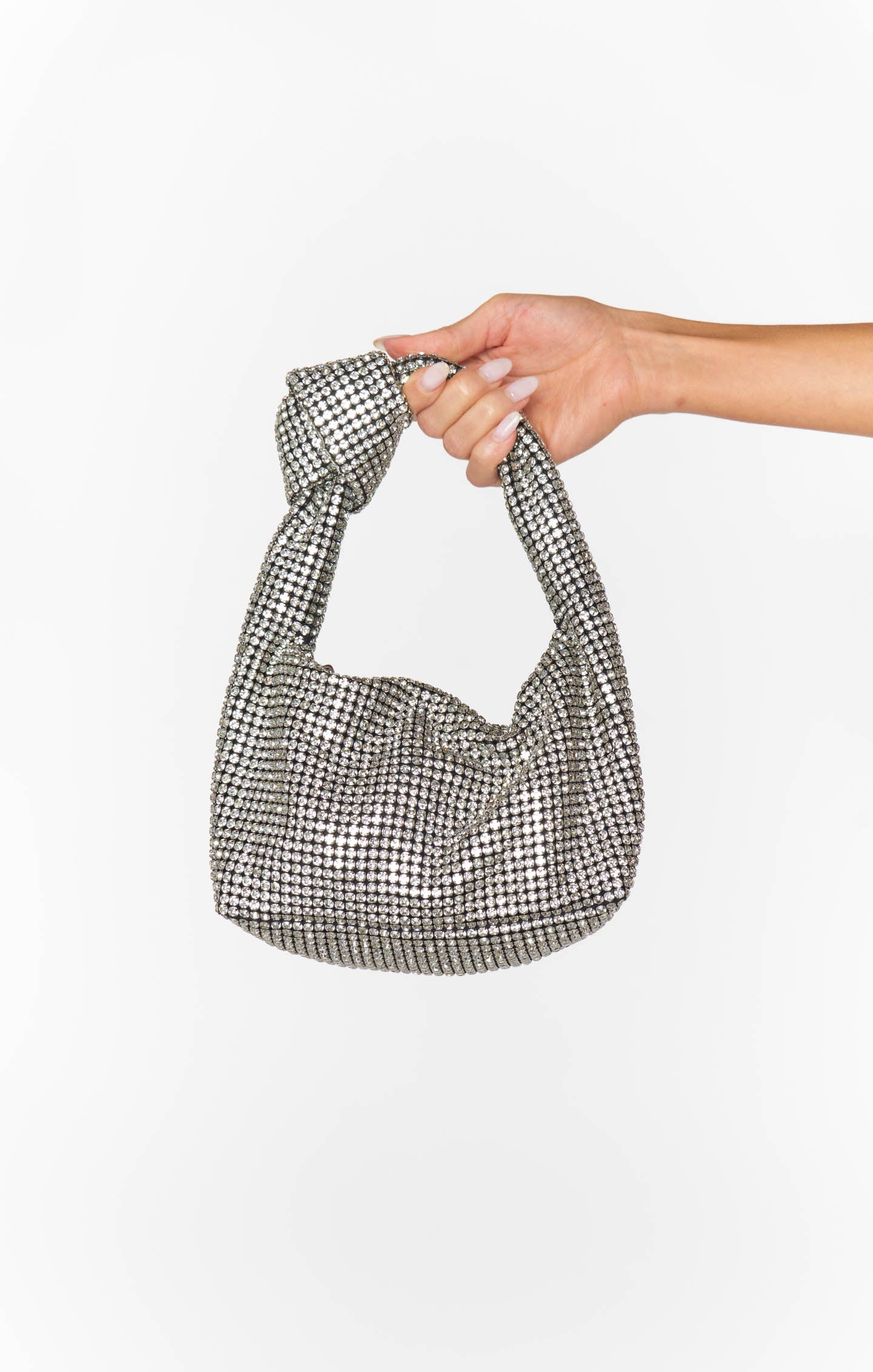 Kaia Knot Silver Rhinestone Chainmail Purse with Crystal Handle