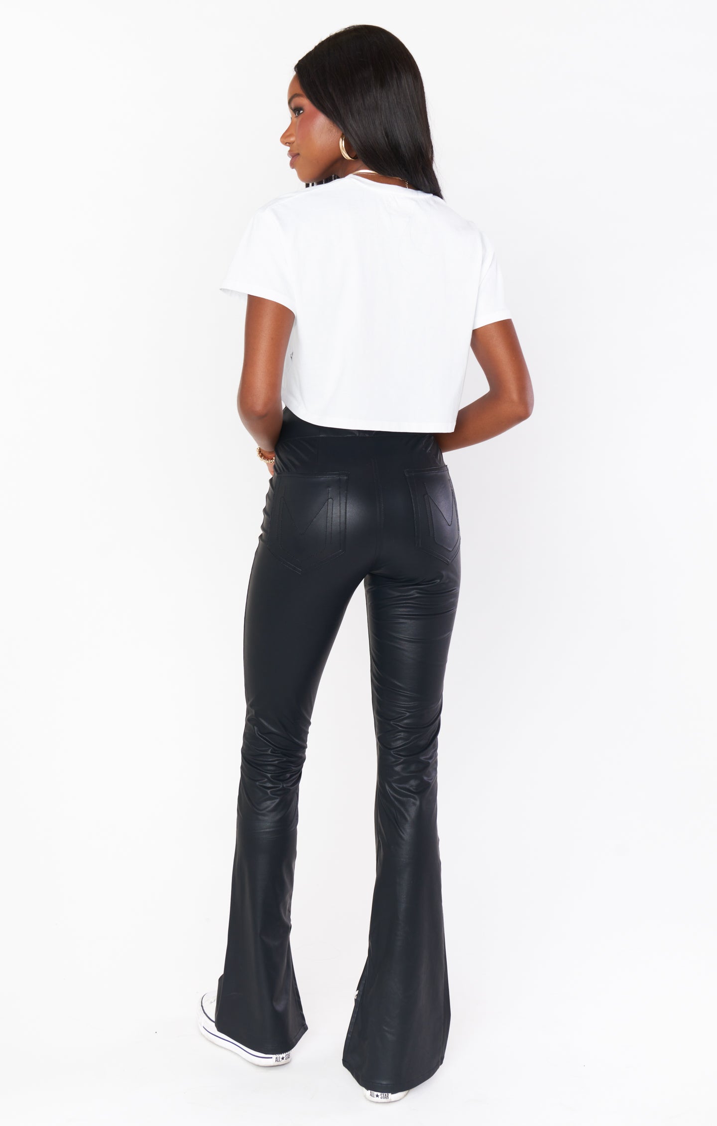 Black Faux Leather Flare Pants - High Waisted Pull On Style