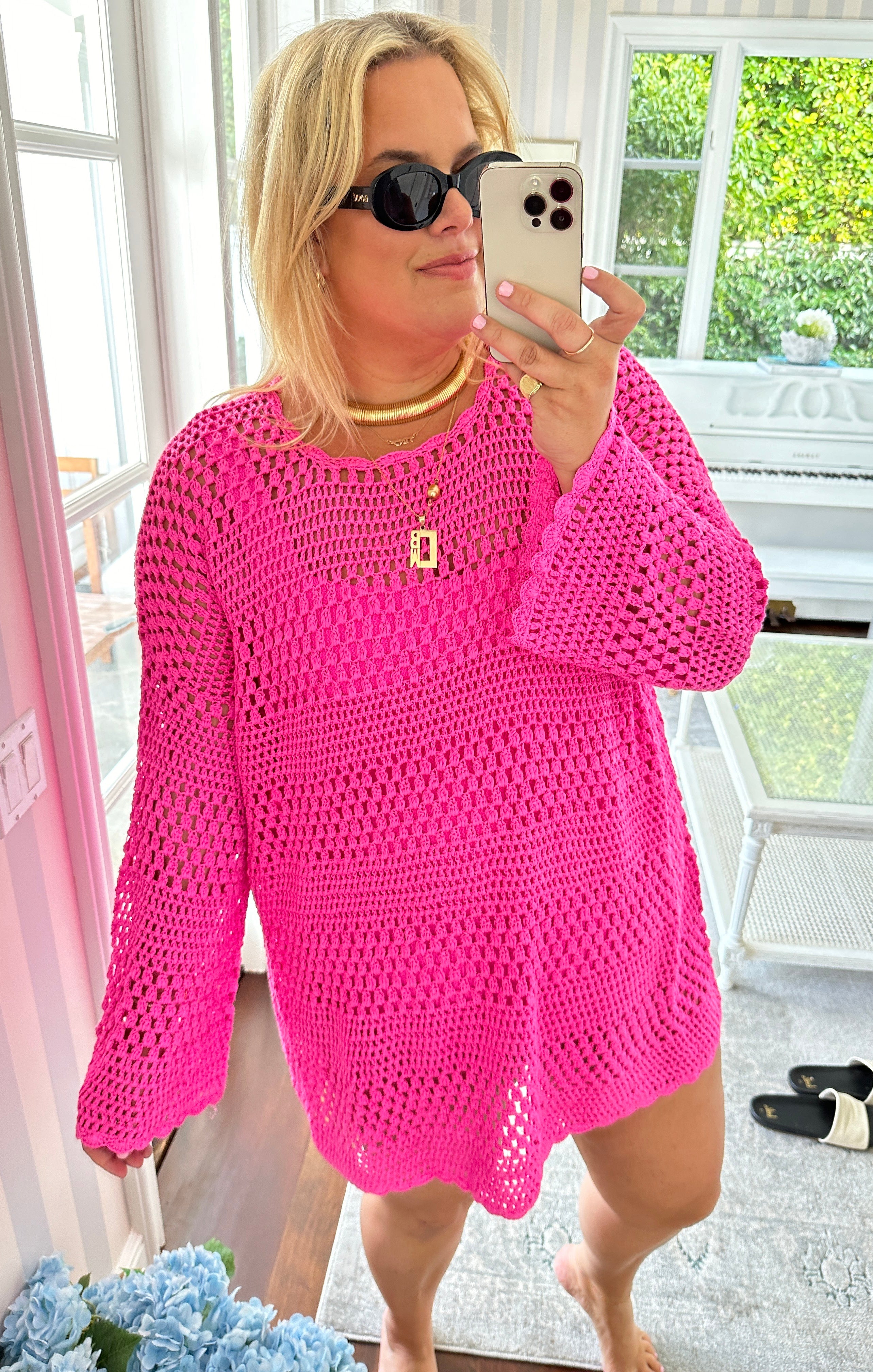 Hot Pink Crochet Paula Pullover Swim Coverup