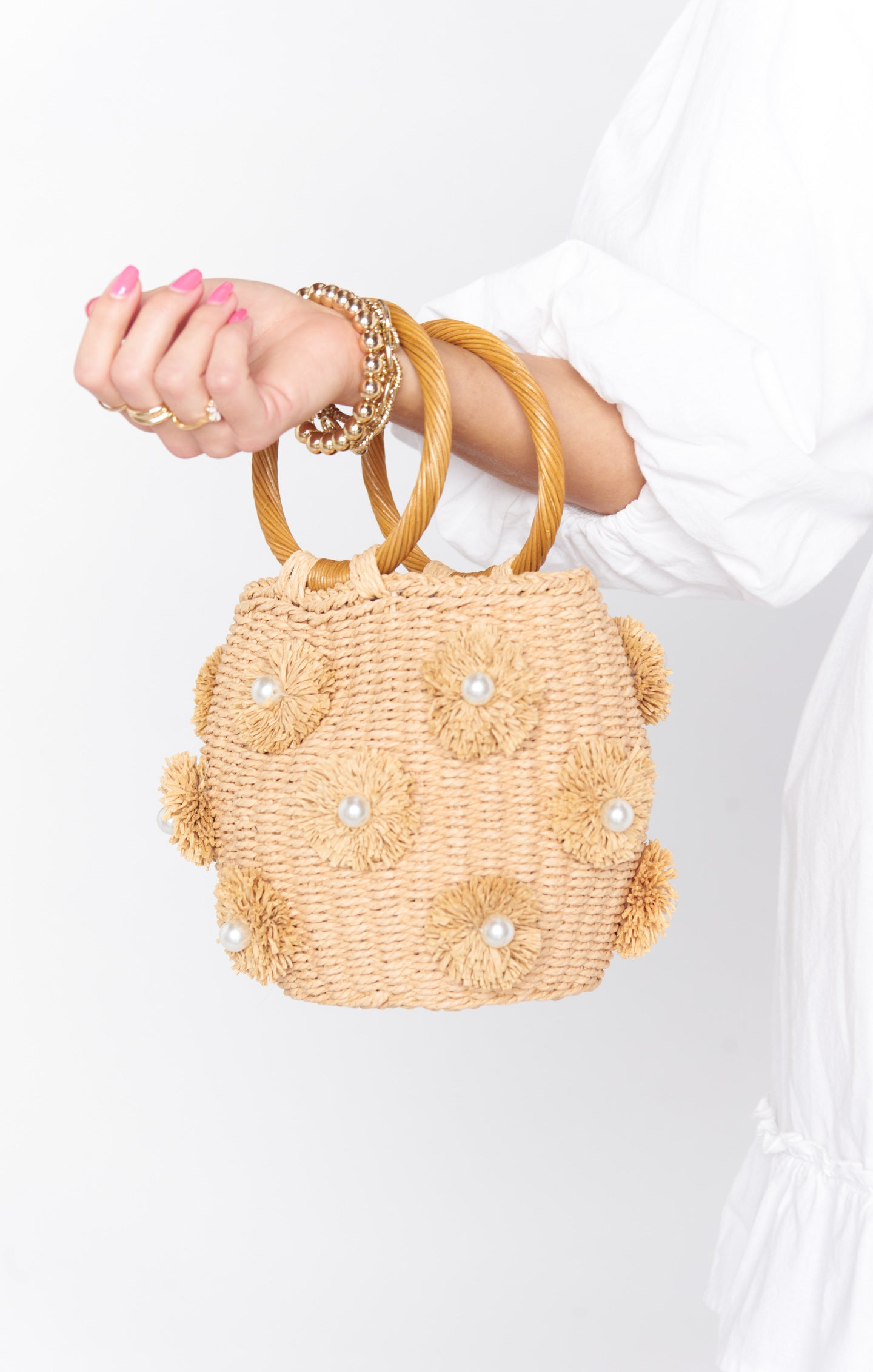Elia Raffia Straw Bag with Pearl Details - Natural & White Handbag