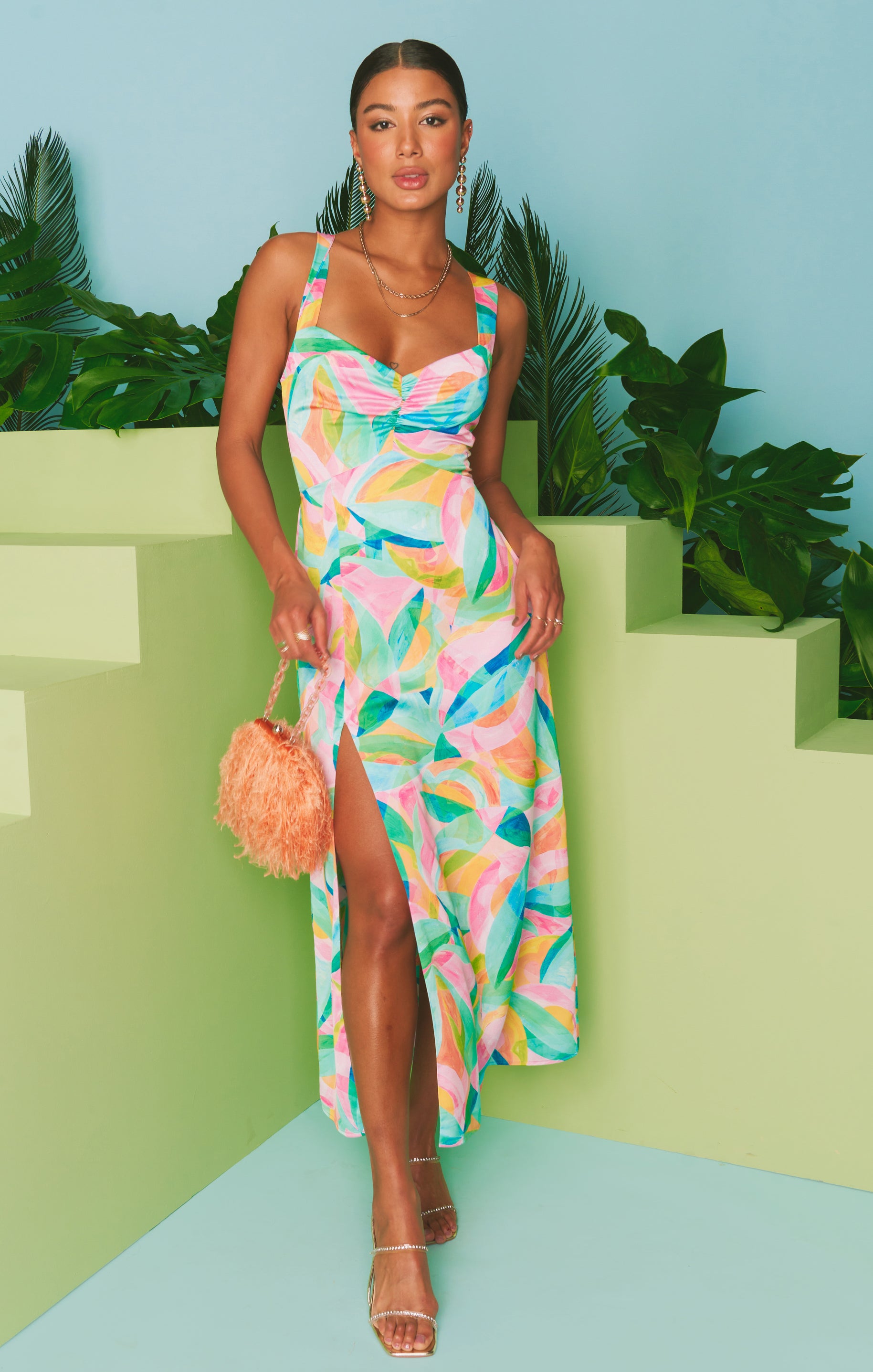 Tropicana Burst Luxe Satin Midi Dress with Adjustable Tie Straps