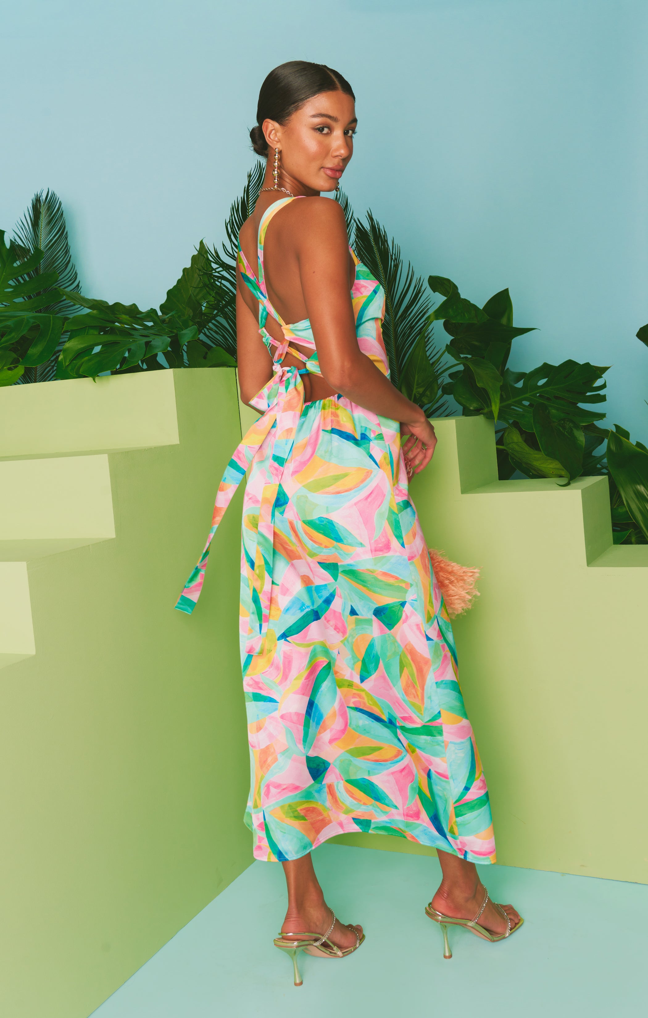 Tropicana Burst Luxe Satin Midi Dress with Adjustable Tie Straps