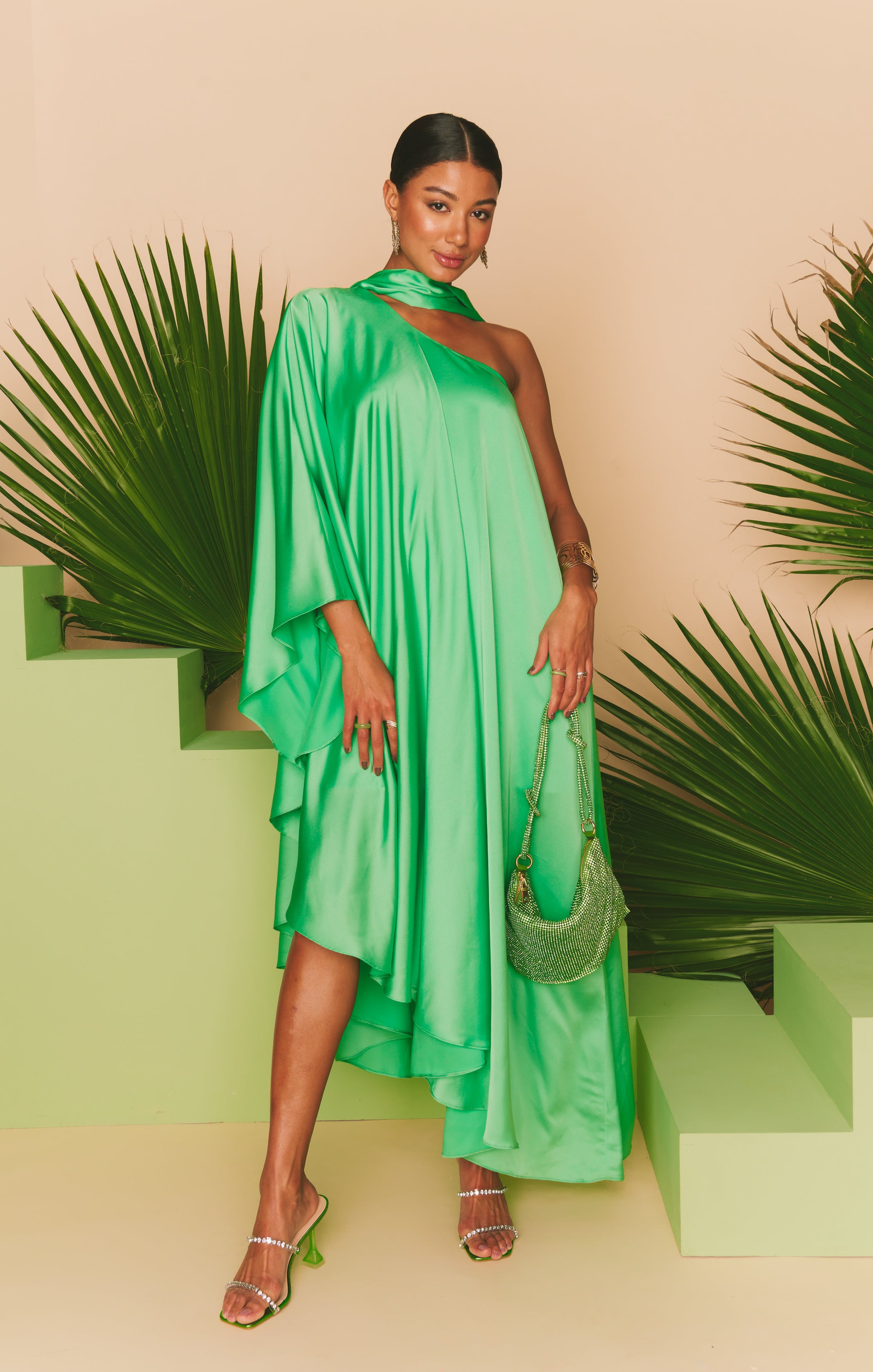 Rhea One Shoulder Maxi Dress in Kiwi Luxe Satin for Weddings