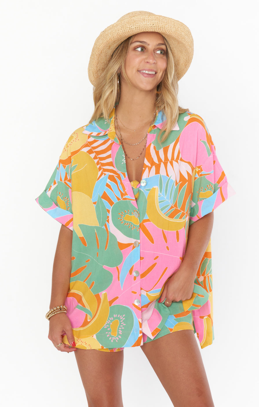 Parker Oversized Short Sleeve Button Down Shirt - Tropical Fruit Print