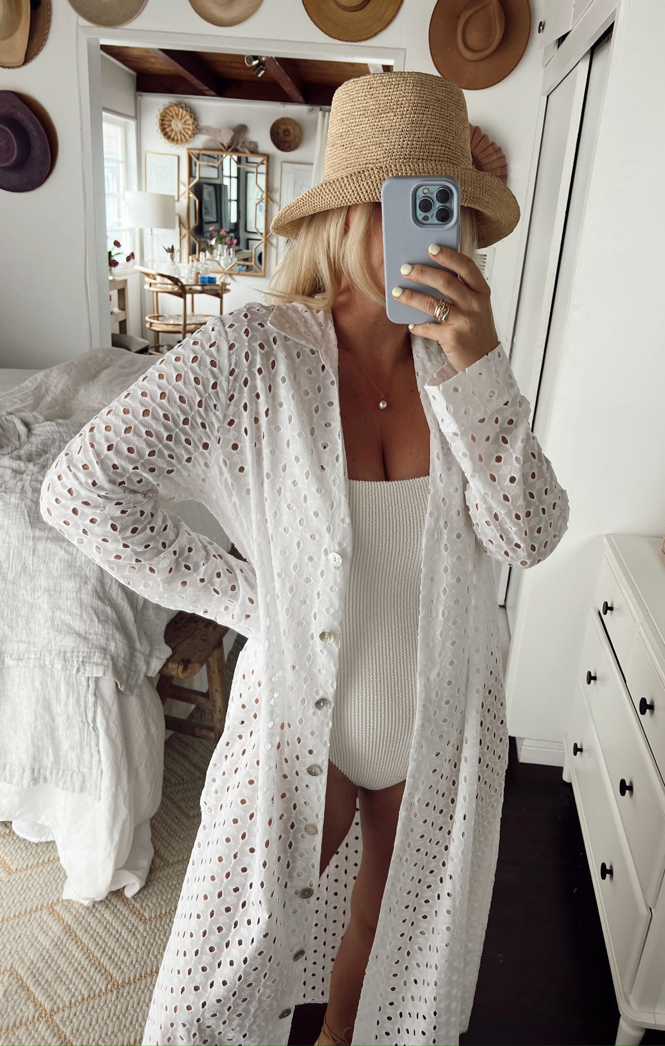 Dayton White Eyelet Button Down Midi Dress with Side Slit