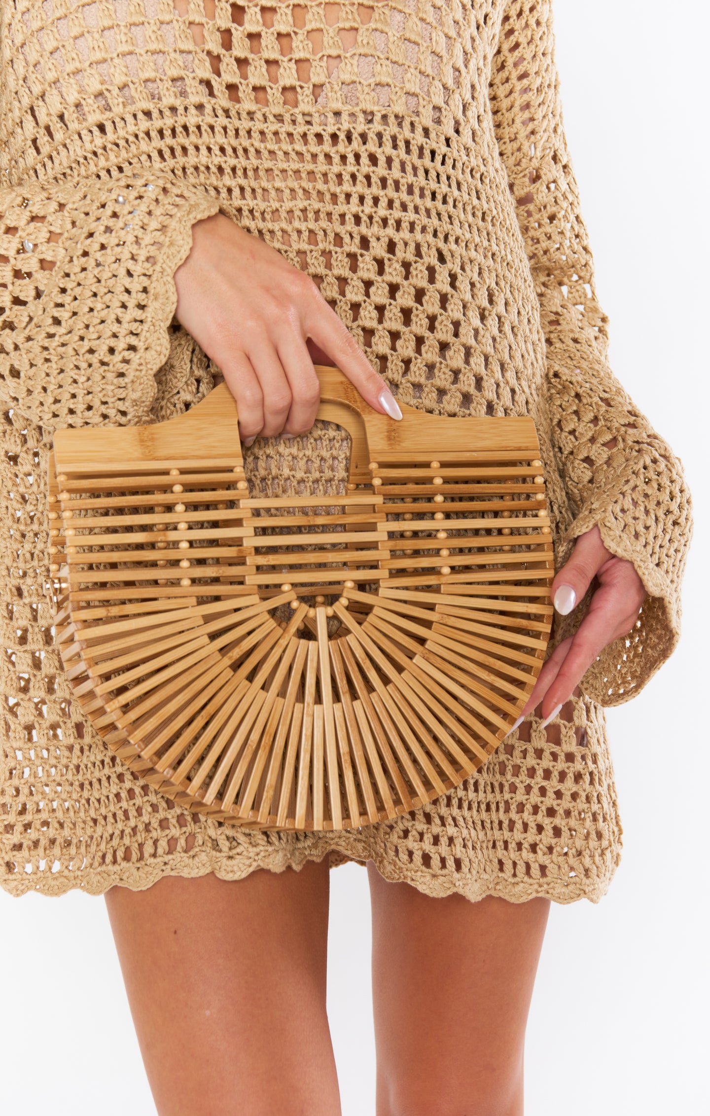 Bamboo Half-Moon Clutch Purse with Gold Chain