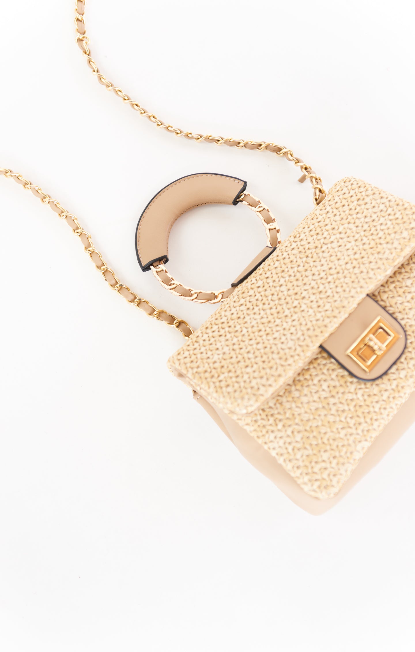 Cosmo Beige Straw Bag with Gold Chain Handle