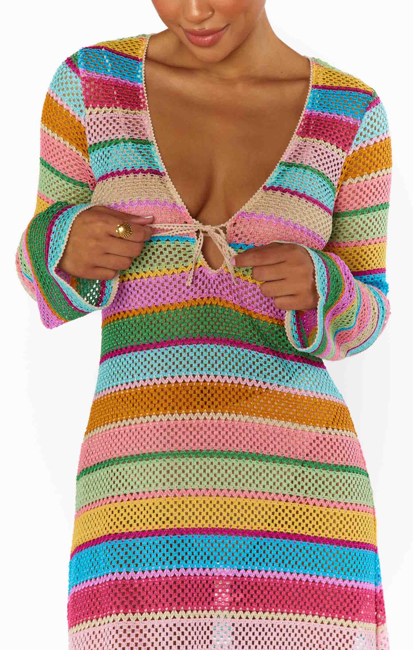 Rainbow Crochet Maxi Coverup with Long Sleeves & Tie Front