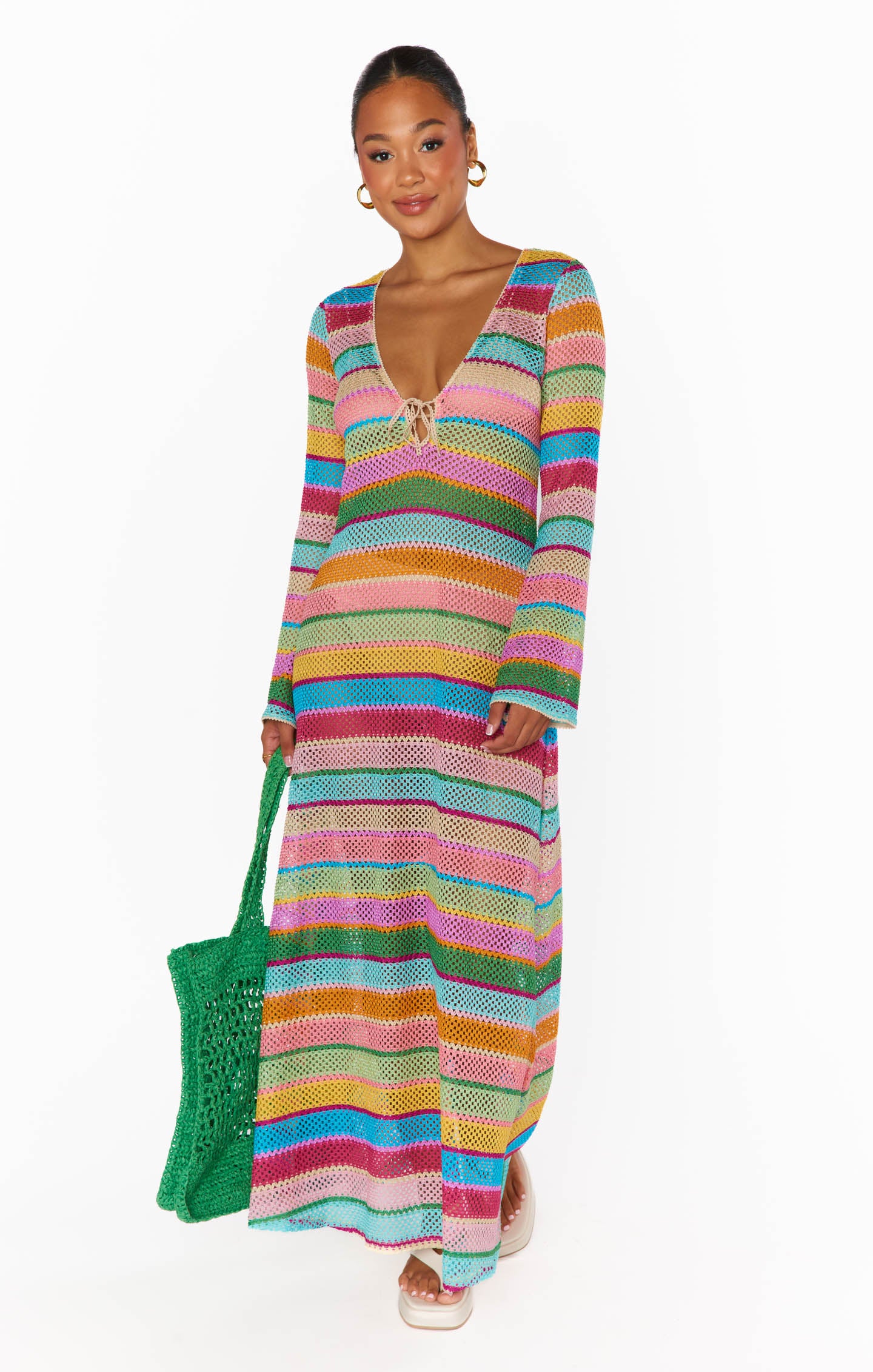 Rainbow Crochet Maxi Coverup with Long Sleeves & Tie Front