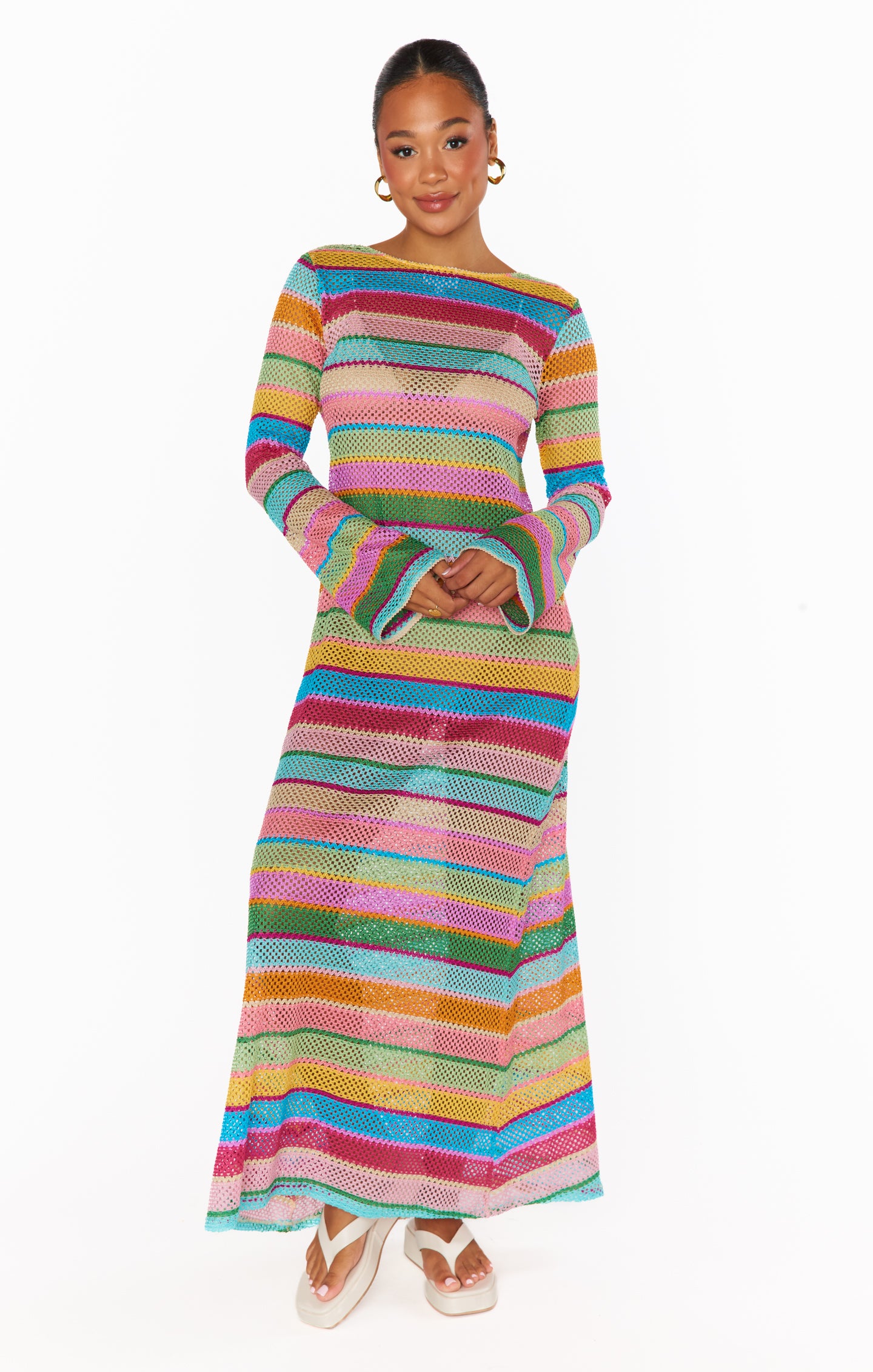 Rainbow Crochet Maxi Coverup with Long Sleeves & Tie Front