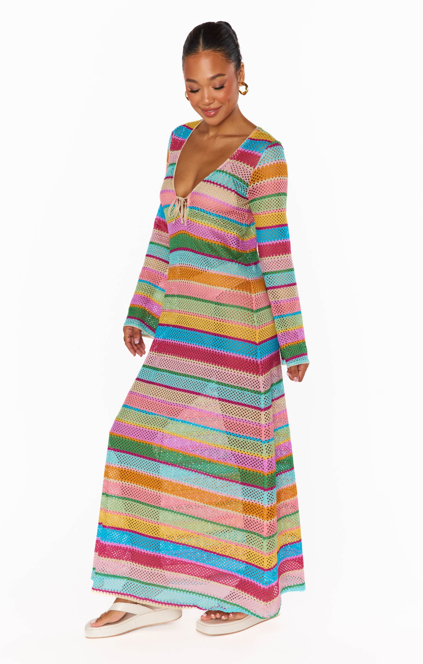 Rainbow Crochet Maxi Coverup with Long Sleeves & Tie Front