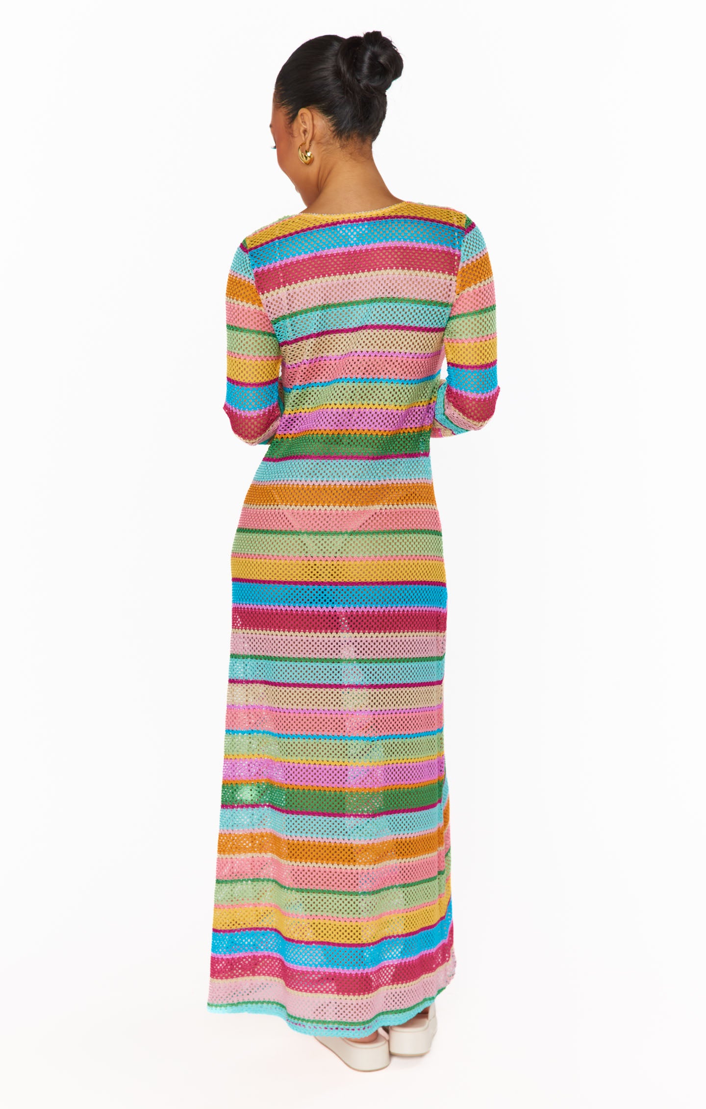 Rainbow Crochet Maxi Coverup with Long Sleeves & Tie Front