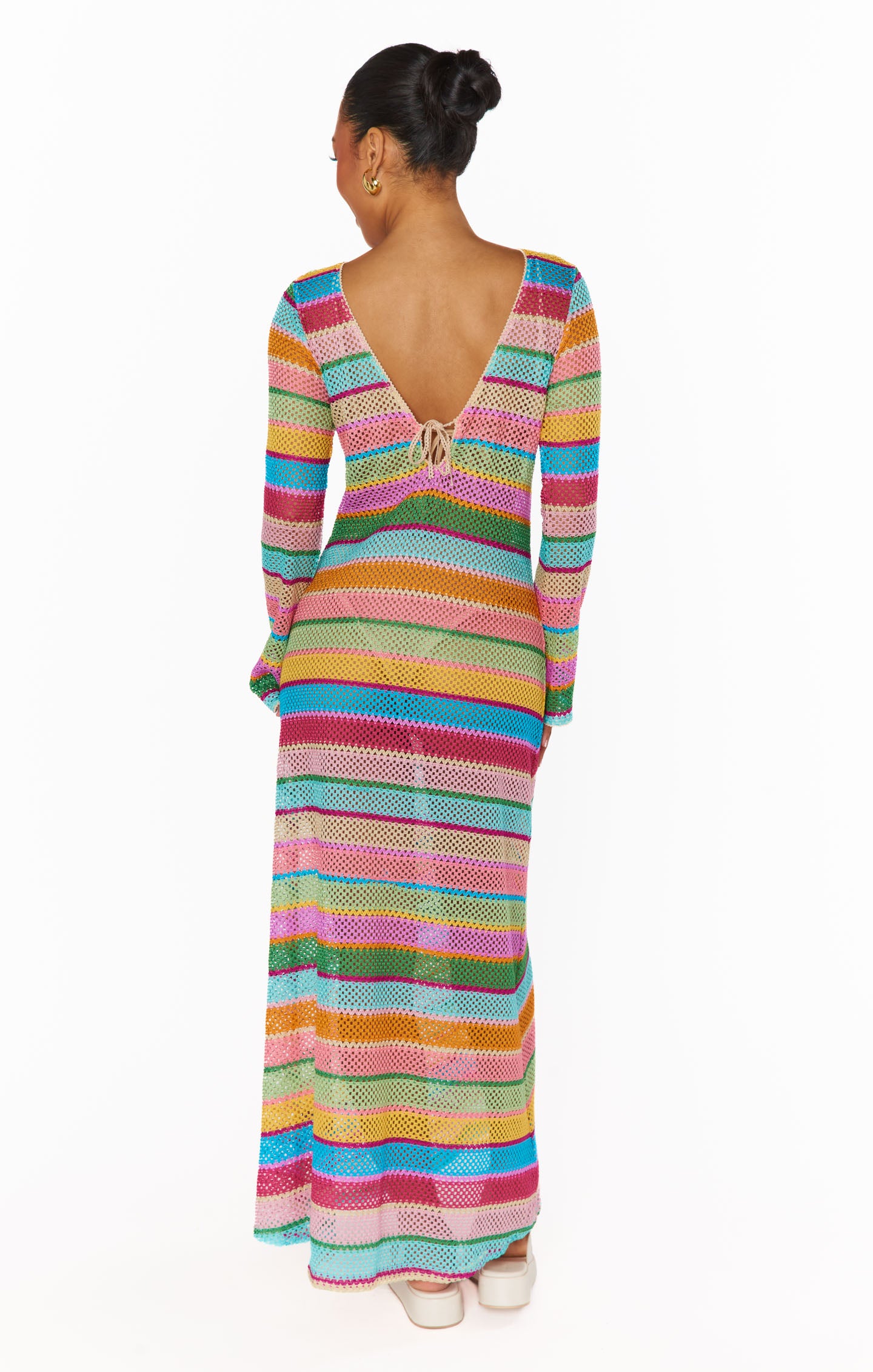 Rainbow Crochet Maxi Coverup with Long Sleeves & Tie Front