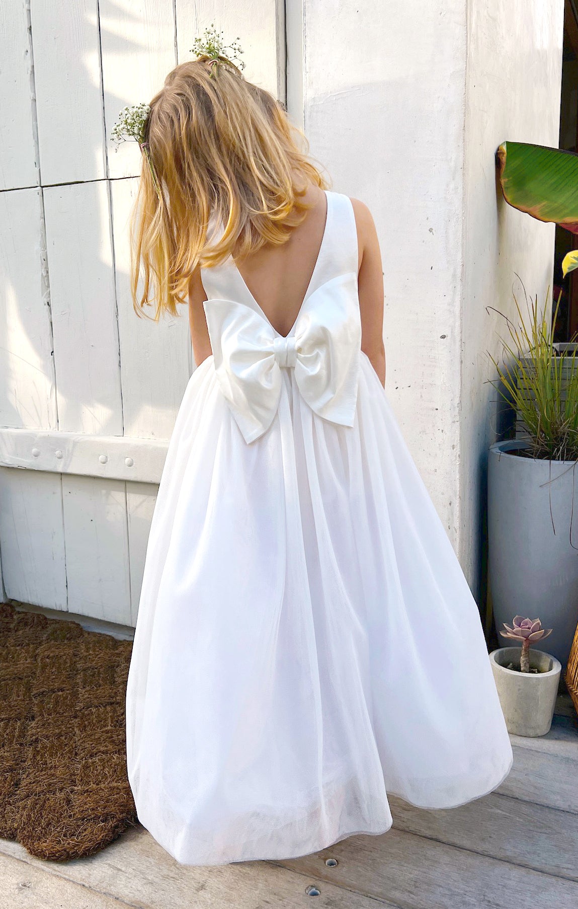 White Taffeta Flower Girl Dress with Back Bow