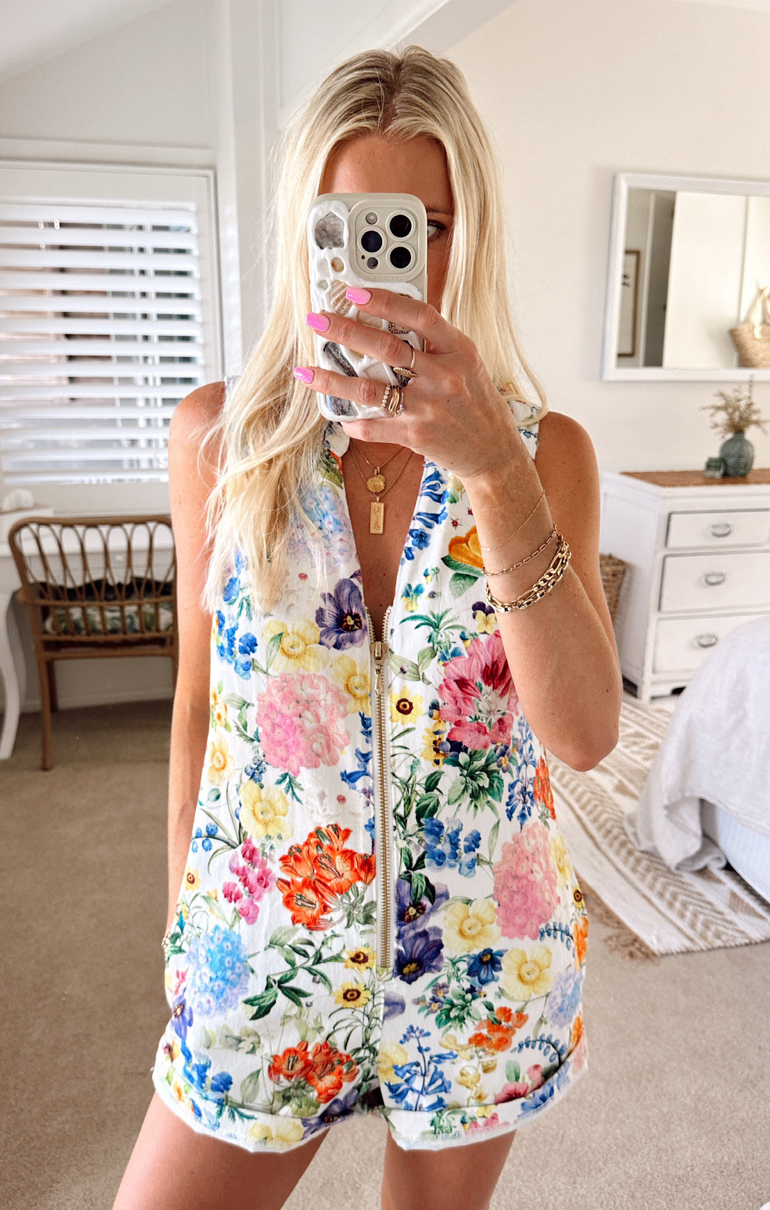 Ivory Floral Denim Romper - Reno Zip Front Casual Jumpsuit