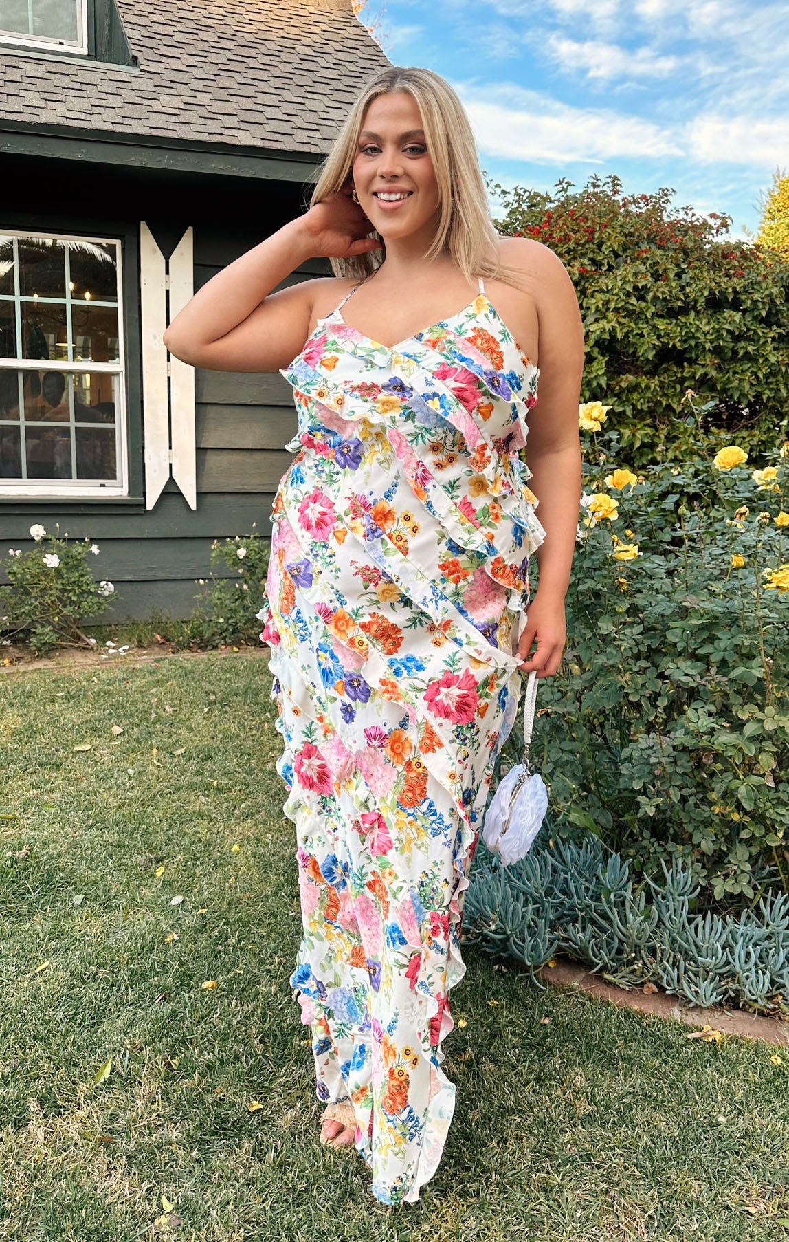 Ivory Floral Ruffle Maxi Dress for Weddings & Formal Events