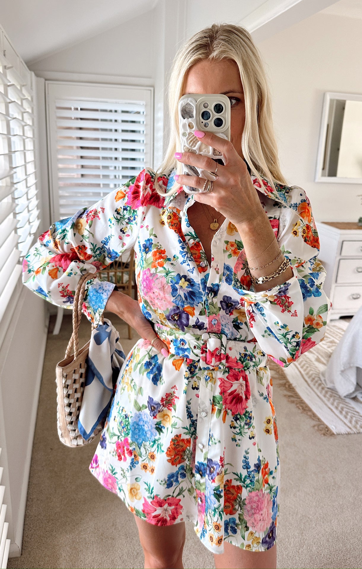 Carrie Floral Collared Mini Dress with Belt - Ivory