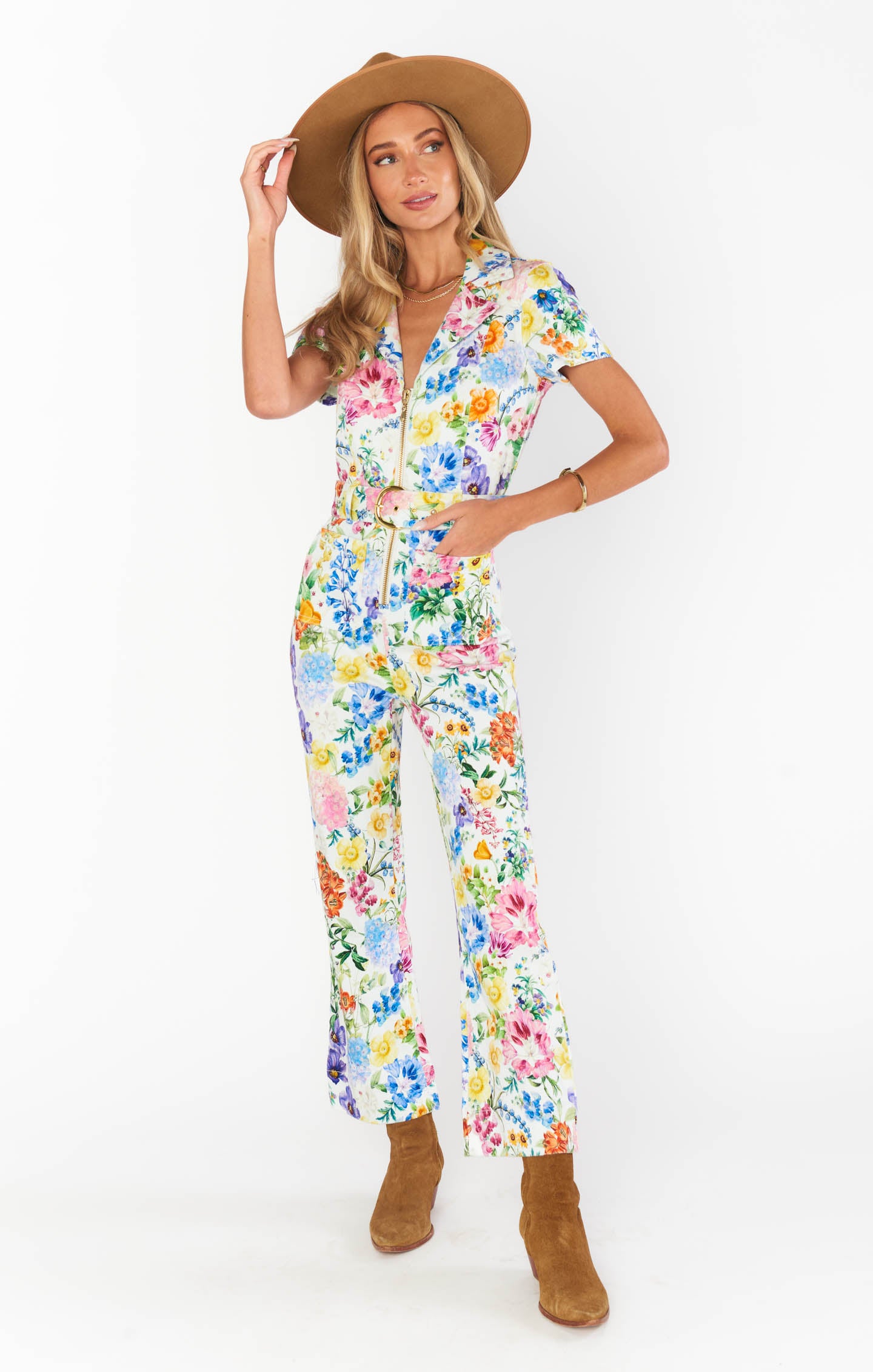 70s Denim Jumpsuit - Cropped Floral Short Sleeve Ivory
