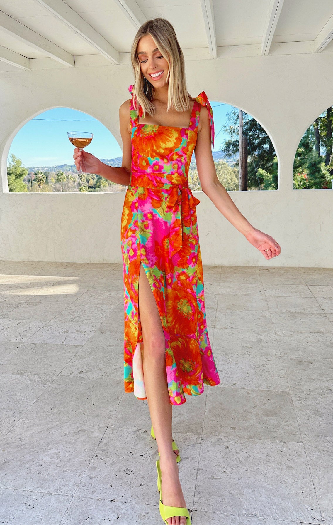 Floral Midi Dress with Adjustable Tie Straps by Miss Malibu